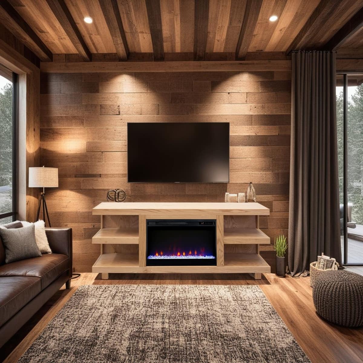 Loheer - 65 inch fireplace tv stand Wood Electric Fireplace TV Console for 70 Inch TVs - Natural