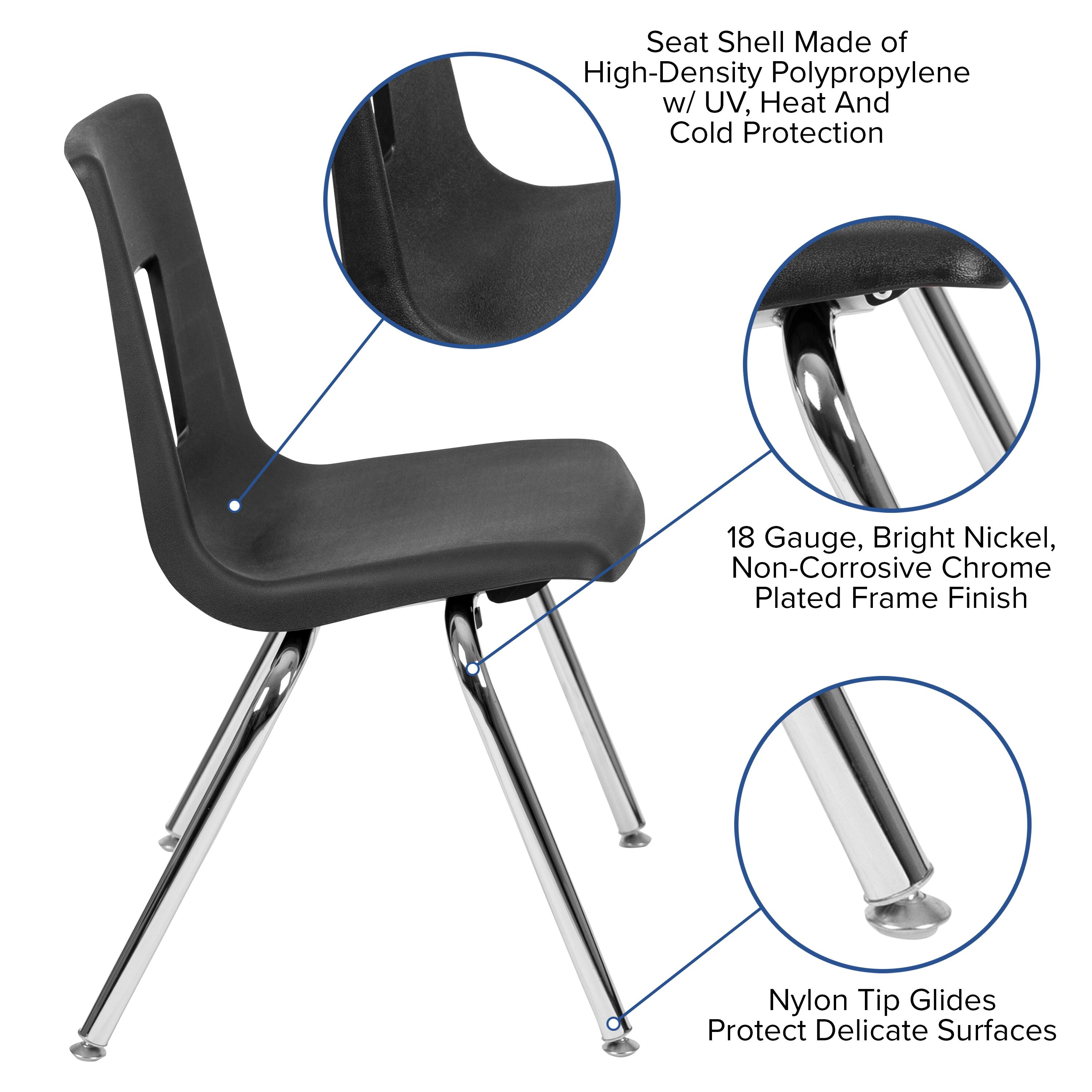 Seat Shell Made of High-Density Polypropylene w/ UV, Heat And Cold Protection  
18 Gauge, Bright Nickel, Non-Corrosive Chrome Plated Frame Finish  
Nylon Tip Glides Protect Delicate Surfaces