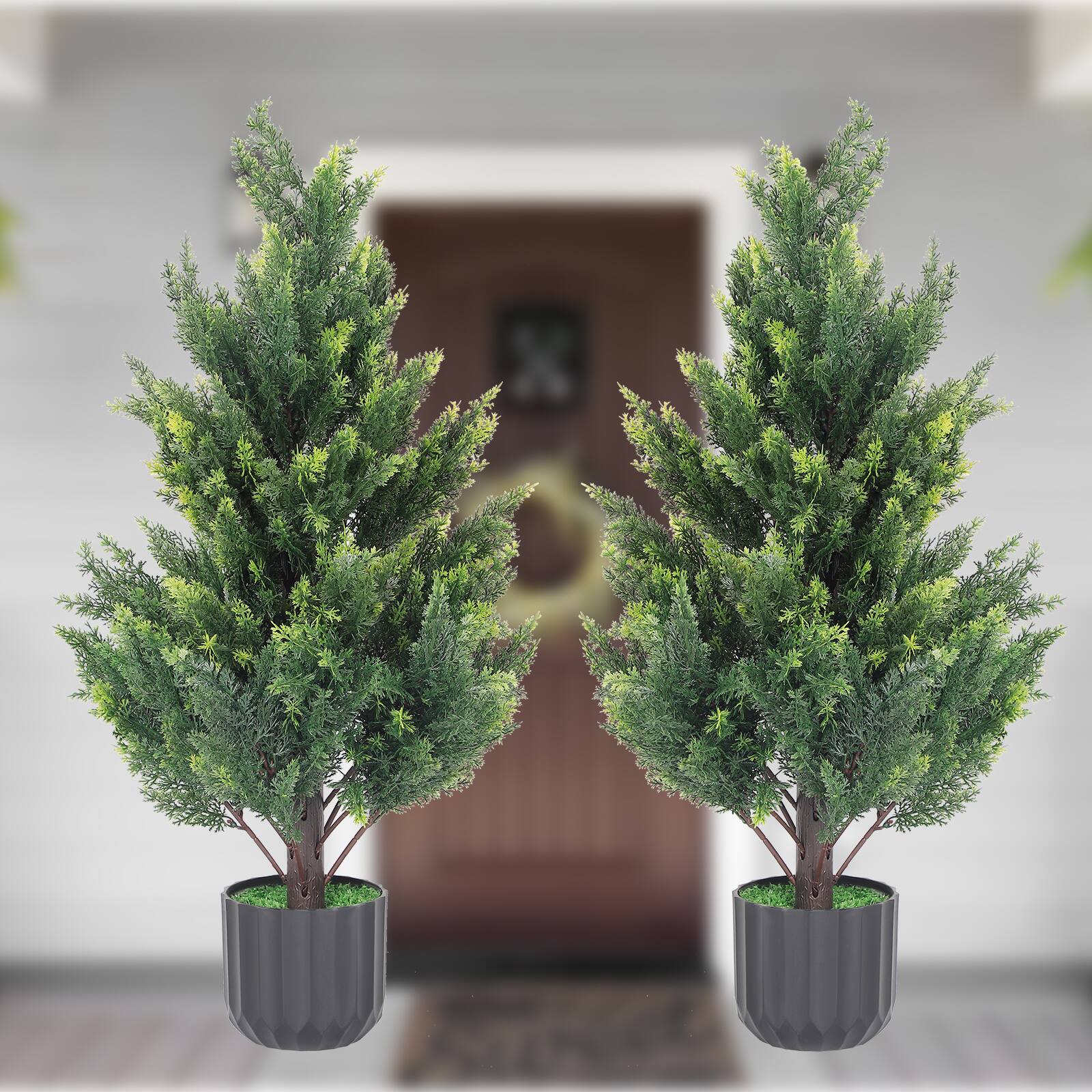 Alt View 1. Oumilen - 2 Pack Artificial Cypress Tree, Detachable Fake Evergreen Potted Cedar Shrub for Indoor Outdoor Decor - Green.