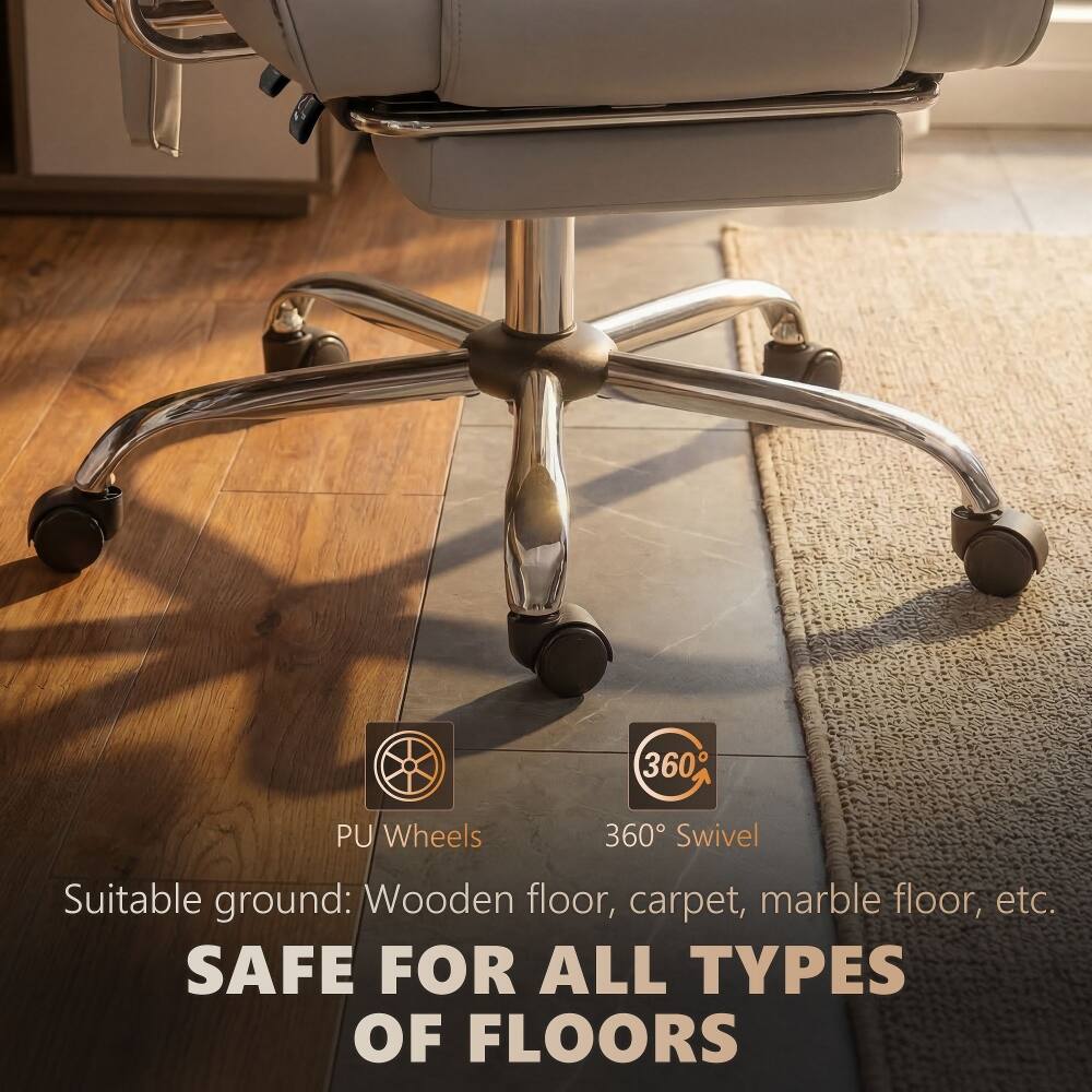 360° PU Wheels  
360° Swivel  
Suitable ground: Wooden floor, carpet, marble floor, etc.  
SAFE FOR ALL TYPES OF FLOORS