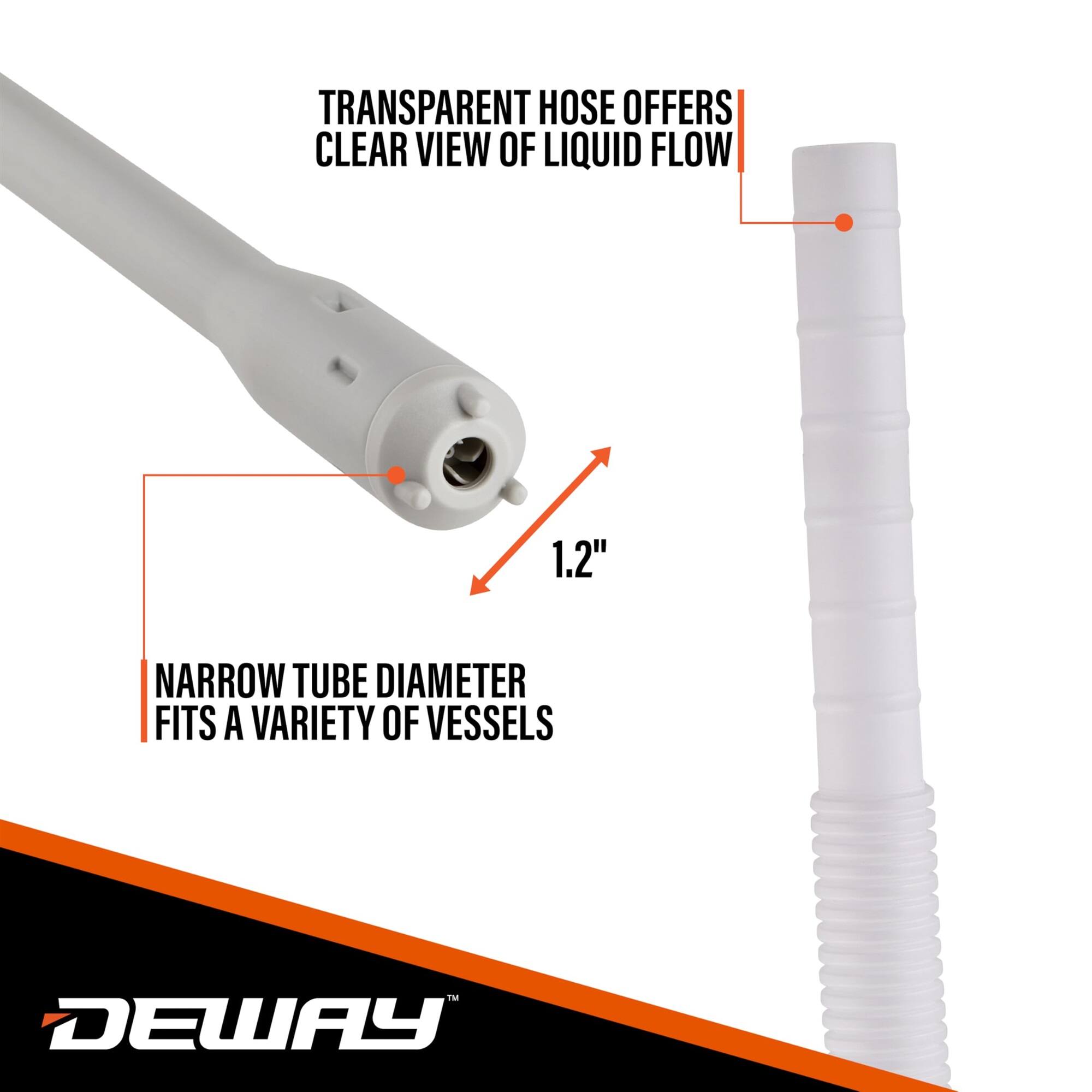 TRANSPARENT HOSE OFFERS CLEAR VIEW OF LIQUID FLOW  
1.2" NARROW TUBE DIAMETER FITS A VARIETY OF VESSELS  
DEWAY