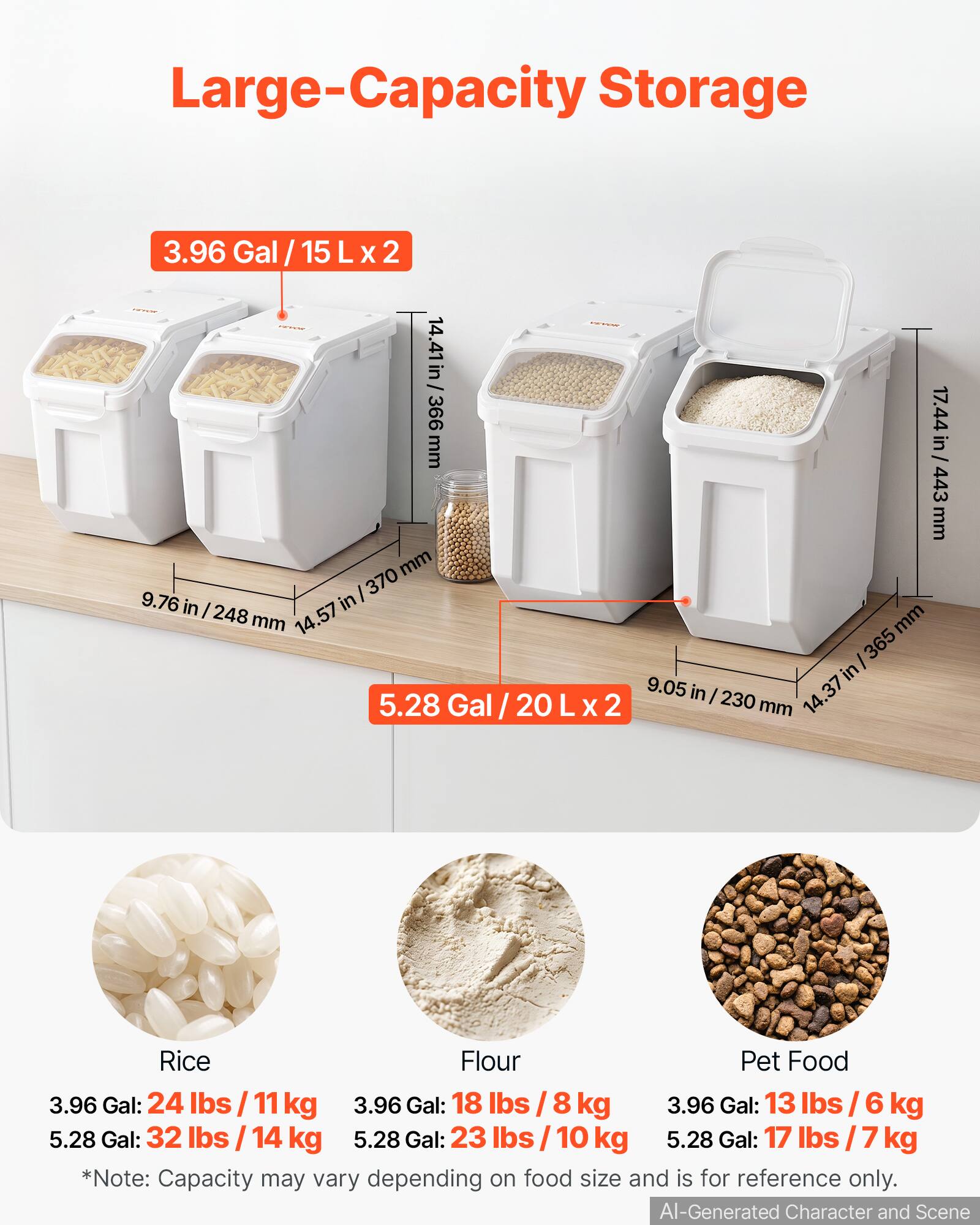 Large-Capacity Storage

3.96 Gal / 15 L x 2
14.41 in / 366 mm
9.76 in / 248 mm
14.57 in / 370 mm

5.28 Gal / 20 L x 2
9.05 in / 230 mm
17.44 in / 443 mm
14.37 in / 365 mm

Rice
3.96 Gal: 24 lbs / 11 kg
5.28 Gal: 32 lbs / 14 kg

Flour
3.96 Gal: 18 lbs / 8 kg
5.28 Gal: 23 lbs / 10 kg

Pet Food
3.96 Gal: 13 lbs / 6 kg
5.28 Gal: 17 lbs / 7 kg

*Note: Capacity may vary depending on food size and is for reference only.

AI-Generated Character and Scene