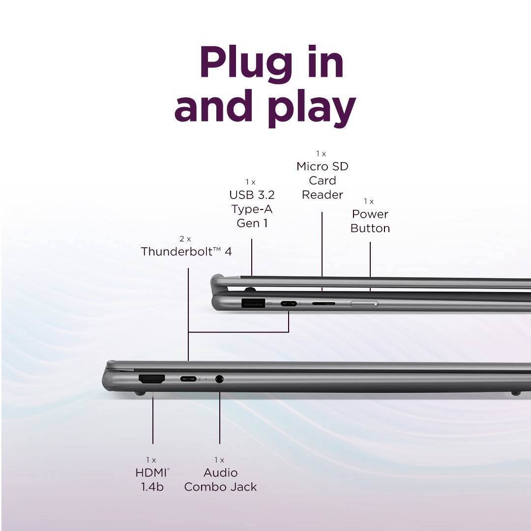 Plug in and play

1 x Micro SD Card Reader  
1 x USB 3.2 Type-A Gen 1  
2 x Thunderbolt™ 4  
1 x HDMI 1.4b  
1 x Audio Combo Jack  
1 x Power Button