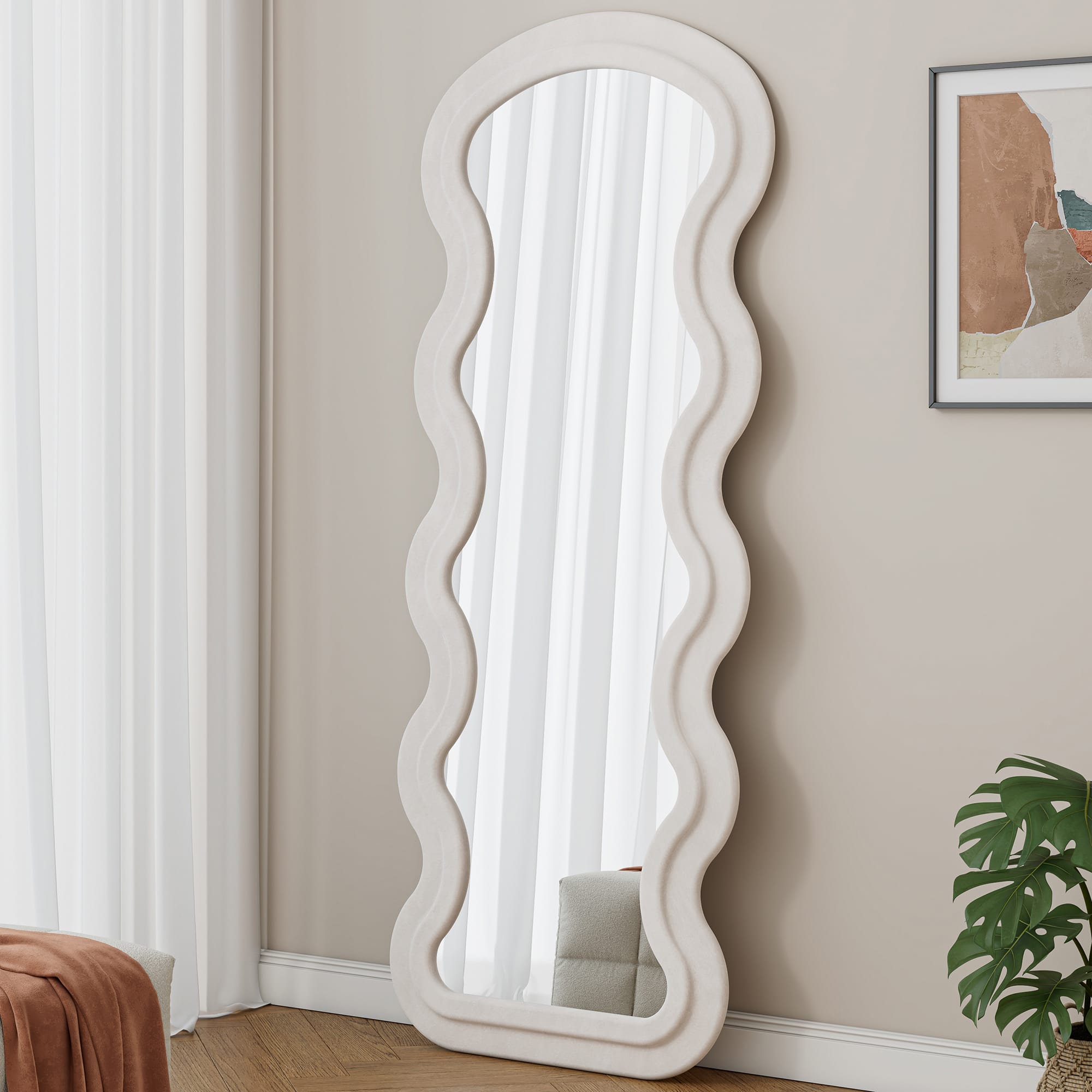 PAIHOME - Flannel Full Length Mirror, Wavy 63x24 Inches Floor Mirror for Bedroom Entryway, Hanging or Against the Wall - White