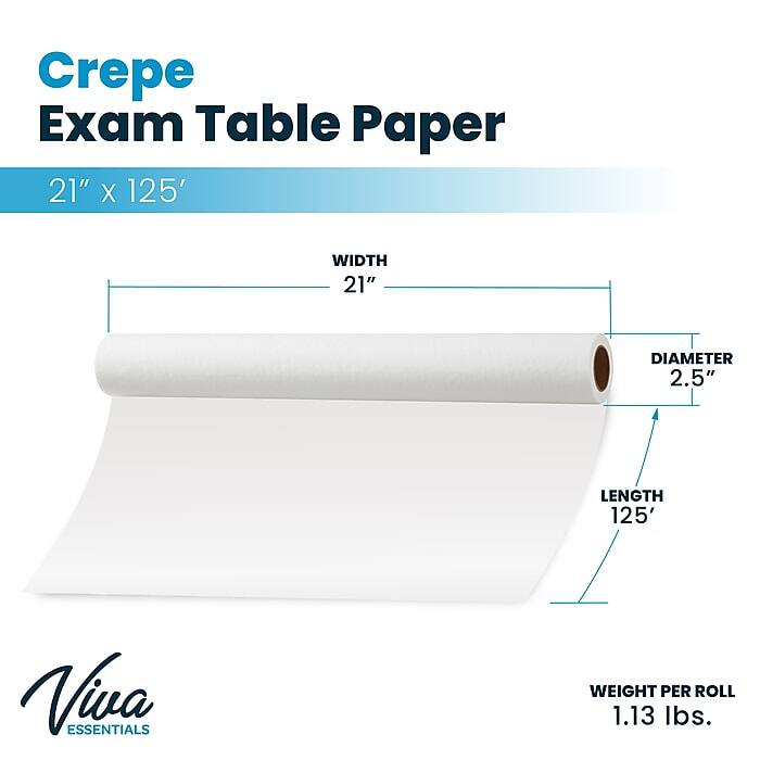 Crepe Exam Table Paper 21" x 125' Width 21" Diameter 2.5" Length 125' Viva Essentials Weight per roll 1.13 lbs.