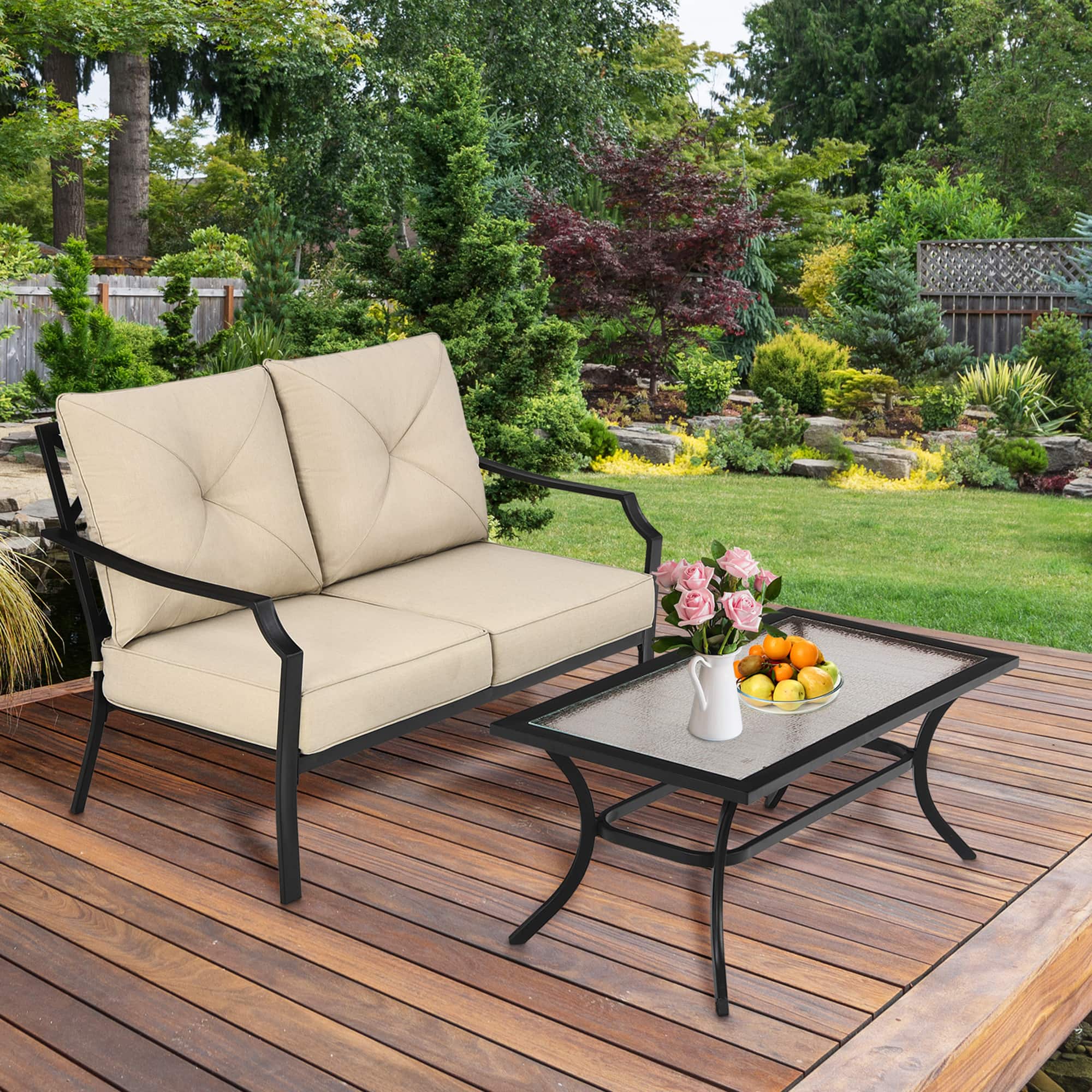 Gymax - 2PCS Outdoor Loveseat Set Cushioned Patio Bench Sofa w/ Coffee Table - Beige price history on PriceWatchPro