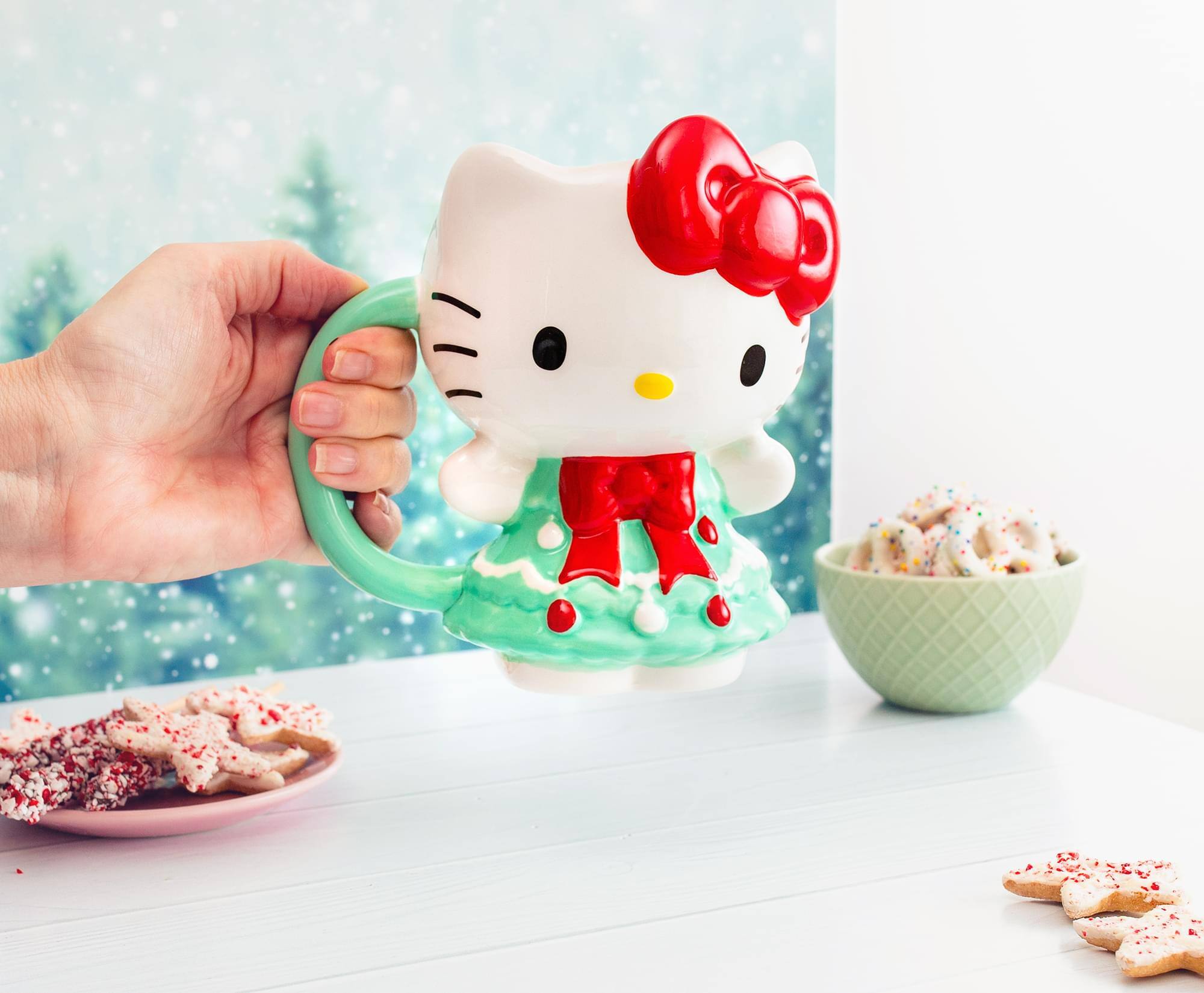Alt View 2. Silver Buffalo - Sanrio Hello Kitty Holiday Tree Dress 3D Sculpted Ceramic Mug | Holds 20 Ounces - Green.