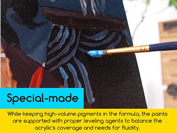 Special-made

While keeping high-volume pigments in the formula, the paints are supported with proper leveling agents to balance the acrylic's coverage and needs for fluidity.