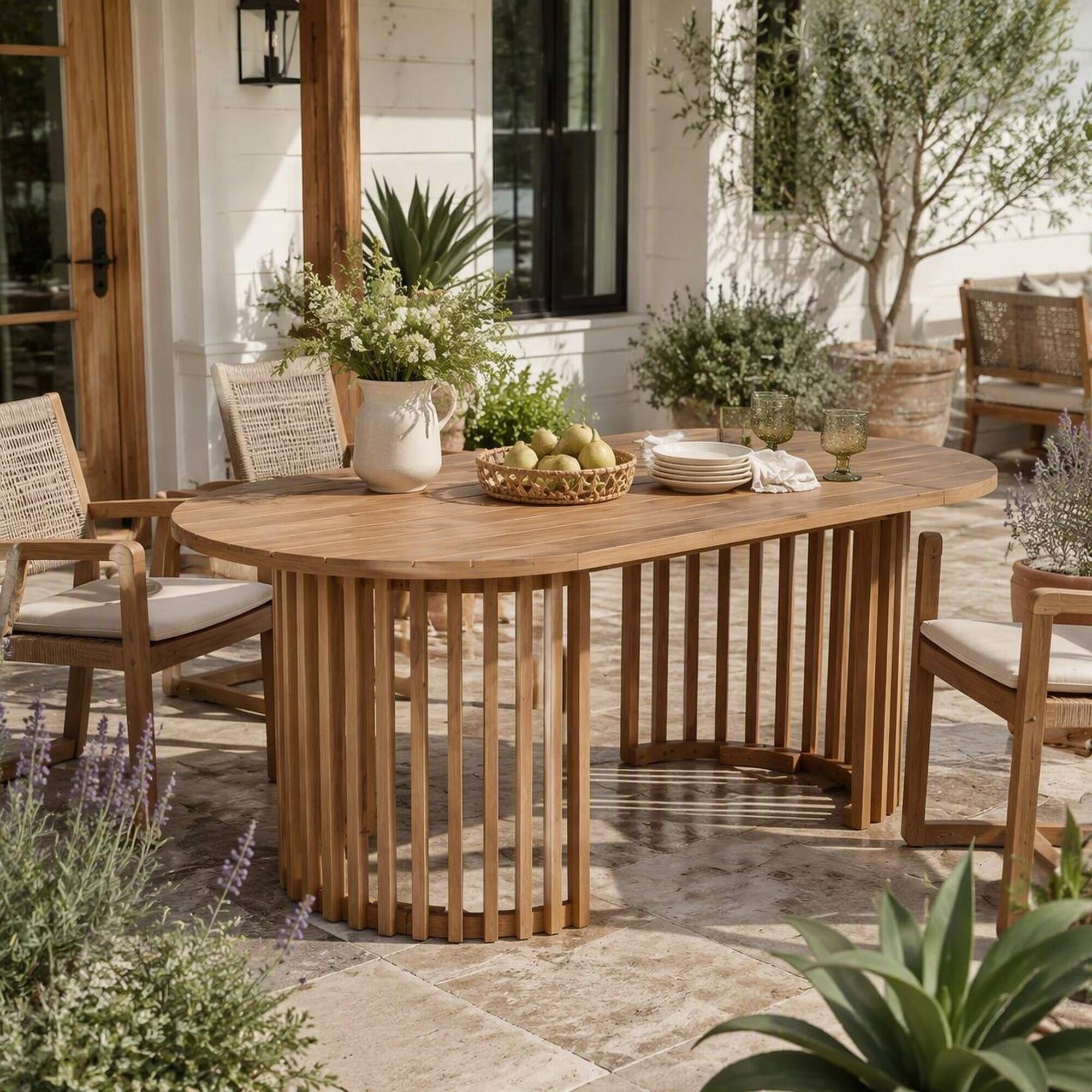 Left. RYHNUYNE - Outdoor Dining Table,Light Teak Oval Patio Table with Slatted Legs,Large Garden Table for 6-8 People - Light Teak.