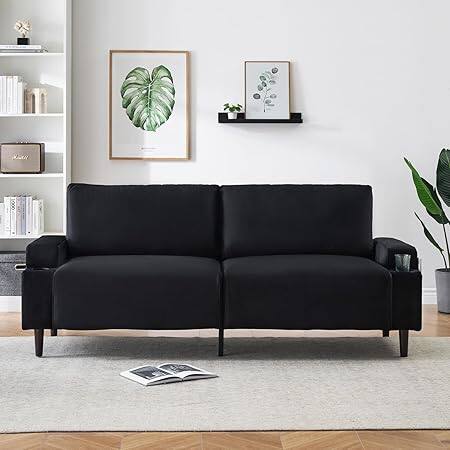 Front. GARVEE - 80in Modern Sofa with Cup Holders – Deep Seat 3-Seater Couch，Black - Black.