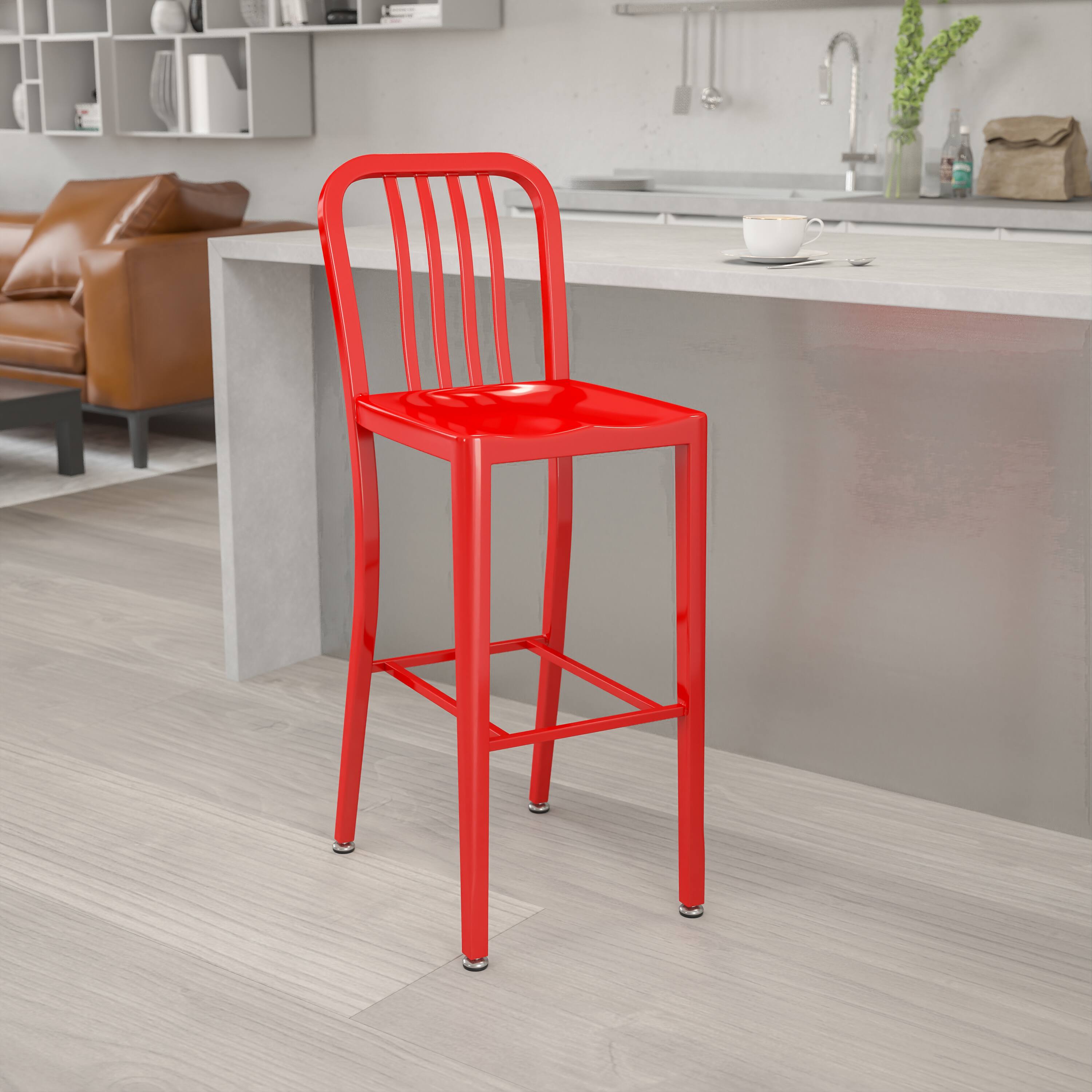 Alt View 1. Emma + Oliver - Commercial Grade 30"H Colorful Metal Indoor-Outdoor Vertical Slat Back Barstool - Red.