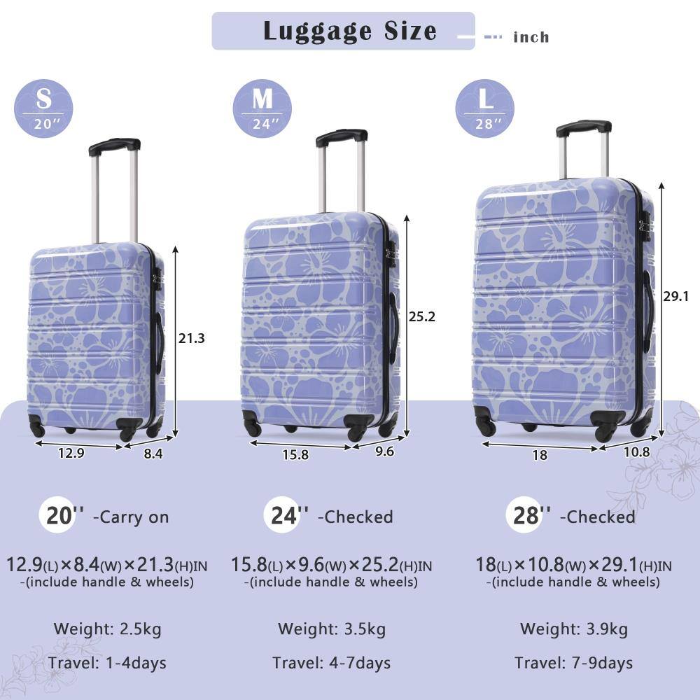 Luggage Size

S 20" - Carry on  
12.9(L) x 8.4(w) x 21.3(H) IN  
(includes handle & wheels)  
Weight: 2.5kg  
Travel: 1-4 days

M 24" - Checked  
15.8(L) x 9.6(w) x 25.2(H) IN  
(includes handle & wheels)  
Weight: 3.5kg  
Travel: 4-7 days

L 28" - Checked  
18(L) x 10.8(w) x 29.1(H) IN  
(includes handle & wheels)  
Weight: 3.9kg  
Travel: 7-9 days