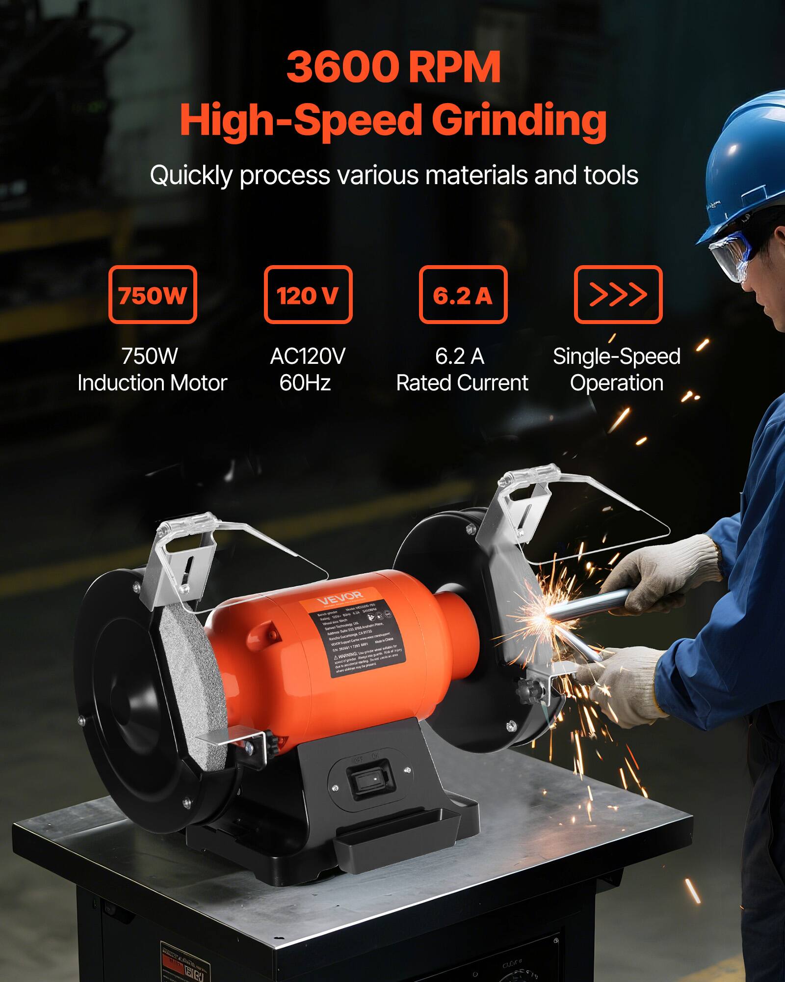 3600 RPM High-Speed Grinding Quickly process various materials and tools

750W
120 V
6.2A
750W Induction Motor
AC120V 60Hz
6.2 A Single-Speed Rated Current Operation

VEVOR - et MA m. - x - $25.99. APPER SAME saveromps - - - MY n - - smarvir un BAR = - depostegants
OET