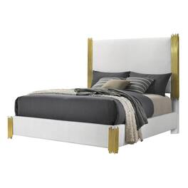 Manhattan Lane - Dyl Queen Bed, Soft Foam Upholstered, White Fabric, Gold Accent Posts - White, Gold