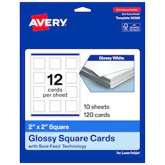 Go to avery.com/templates
Use Avery Presta Template 95269
MX
Glossy White
12 cards per sheet
10 sheets
120 cards
2" x 2" Square
Glossy Square Cards with Sure Feed Technology for Laser/Inkjet