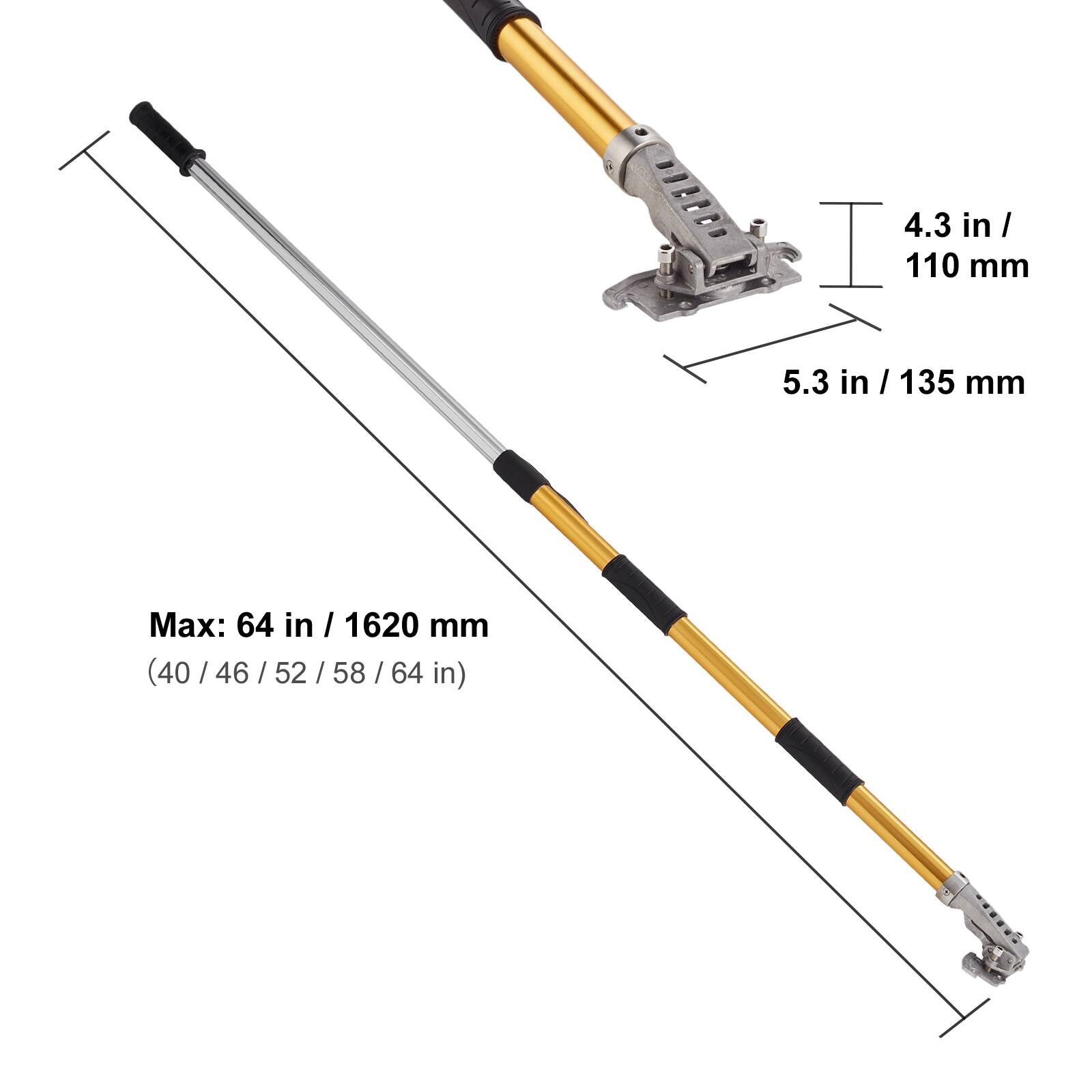 4.3 in / 110 mm  
5.3 in / 135 mm  
Max: 64 in / 1620 mm  
(40 / 46 / 52 / 58 / 64 in)