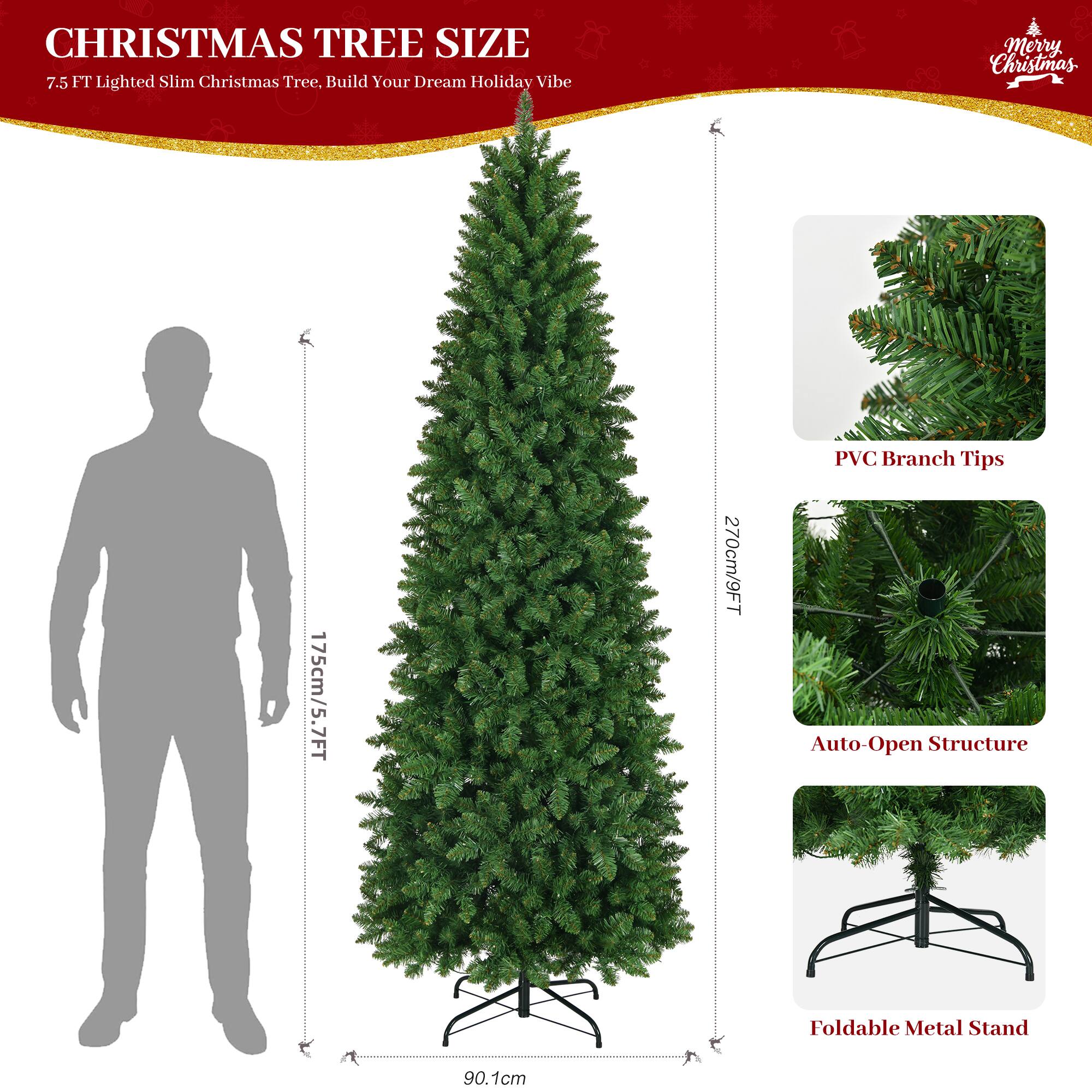 Jandcase Prelit Pencil Christmas Tree, 9ft Artificial Tree, Warm White ...