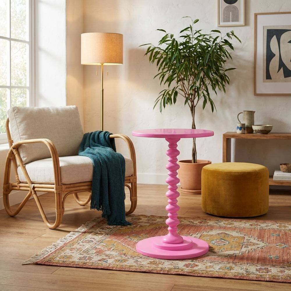 Back. FurniFact - Round Spindle Coffee Table with Classic Style and Sturdy Construction - Pink.