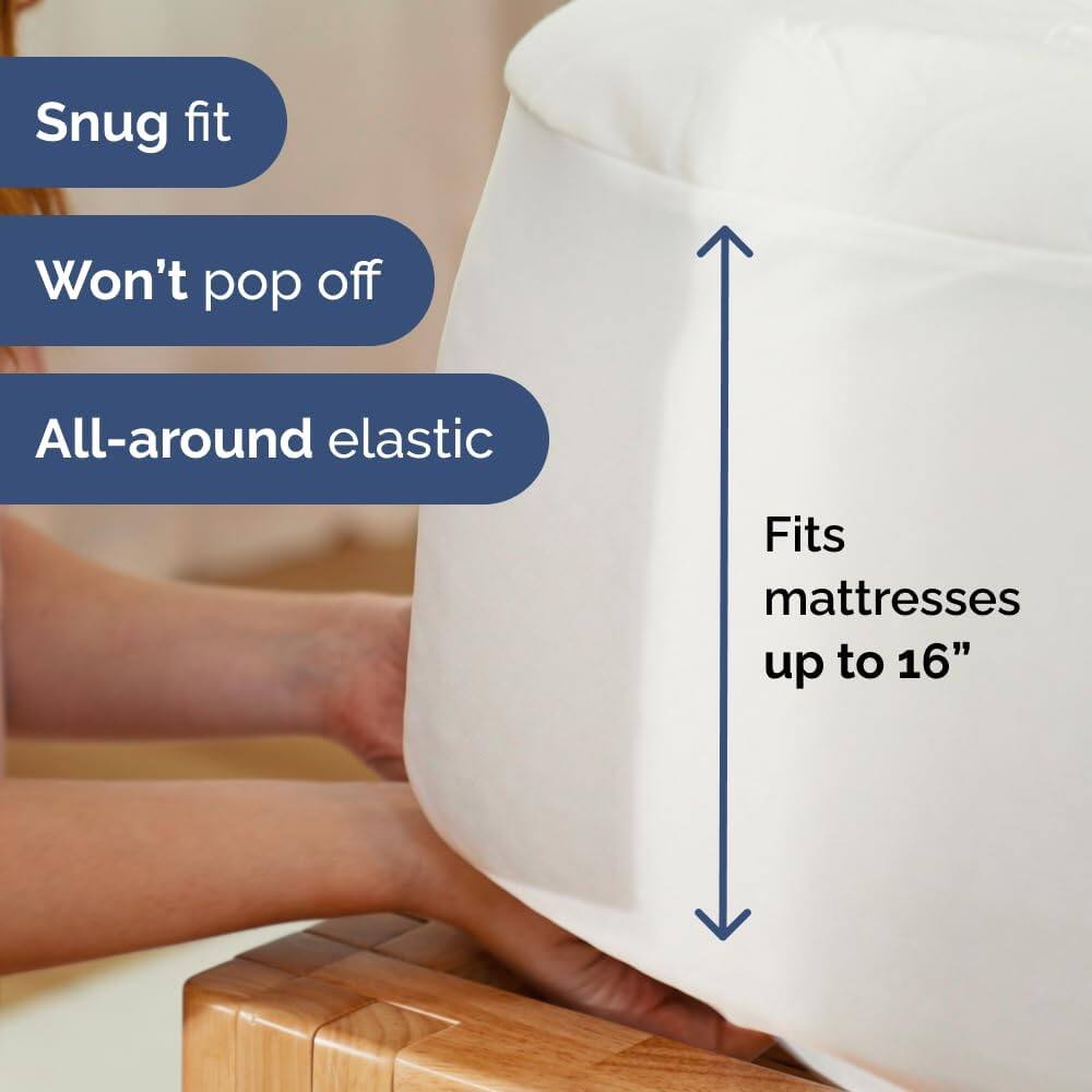 Snug fit  
Won't pop off  
All-around elastic  
Fits mattresses up to 16"