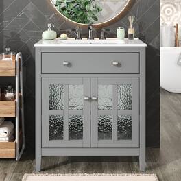 Boyel Living - 30 Inch Bathroom Vanity with Ceramic Sink Adjustable Shelf Tip Out Tray Solid Wood Legs - Gray