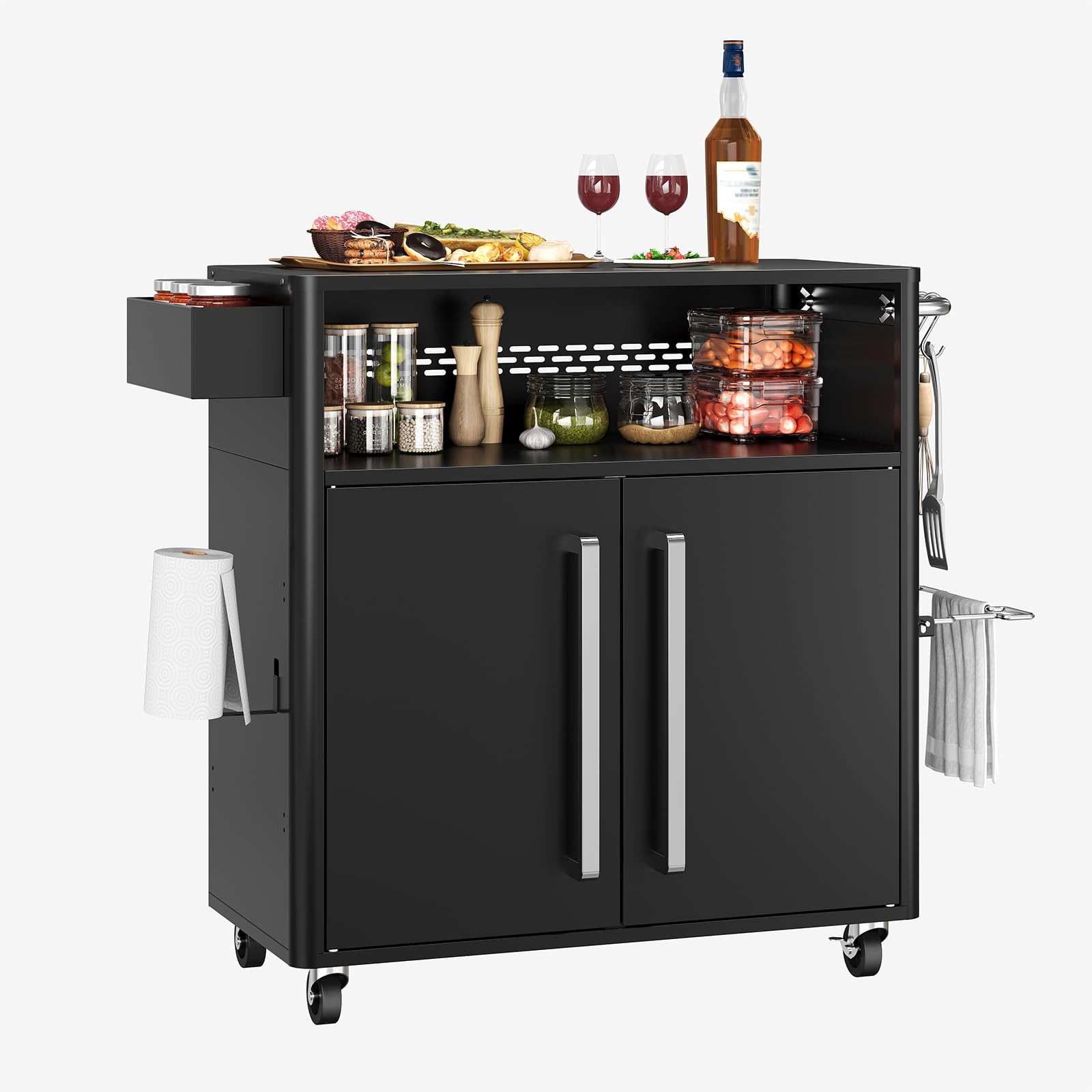 Front. Jojoka - Black Outdoor Grill Cart with Storage Cabinet, Heavy-Duty 2-Tier BBQ Prep Table & Wheels for BBQ or Pizza Oven - Black.