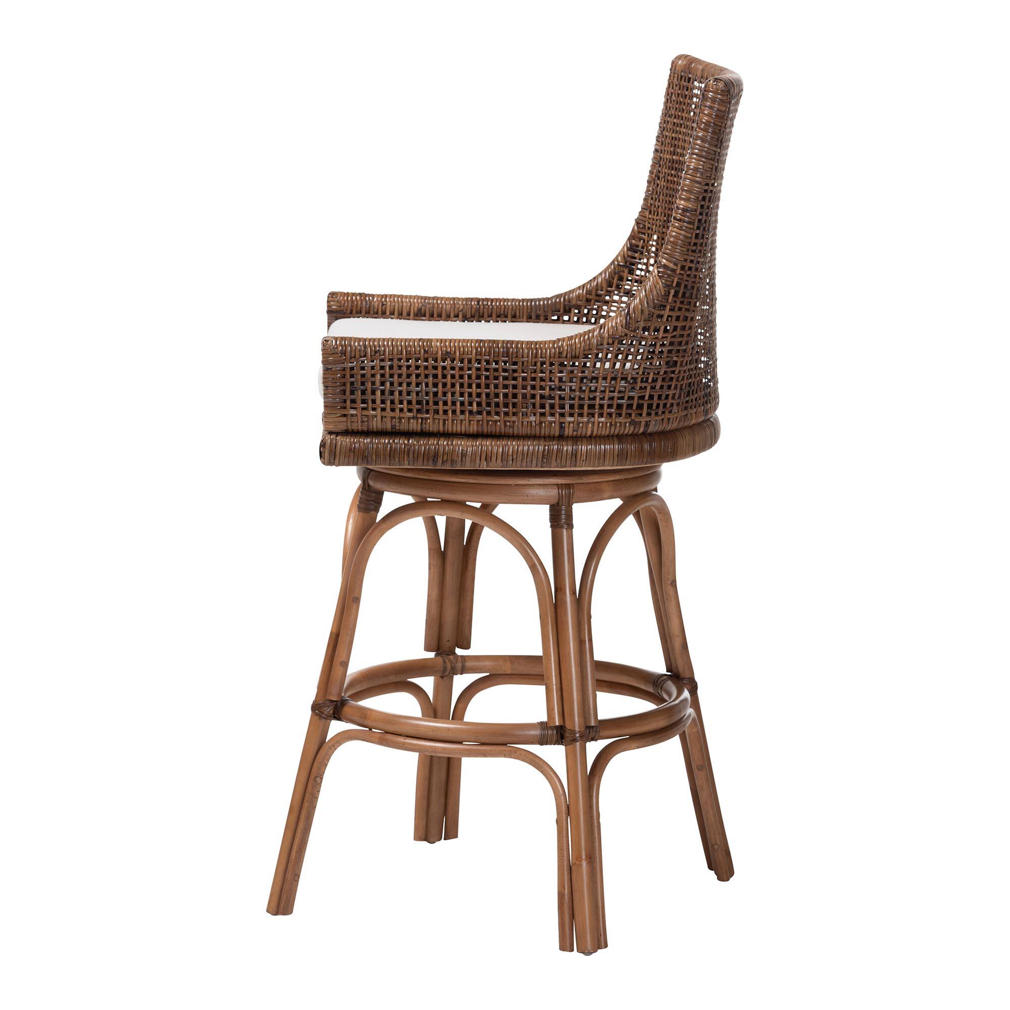 Left. bali & pari - Bella Swivel Rattan Bar Stool with Cushion - Handwoven Wicker Bar Chair with Backrest and Footrest - Coffee Bean.