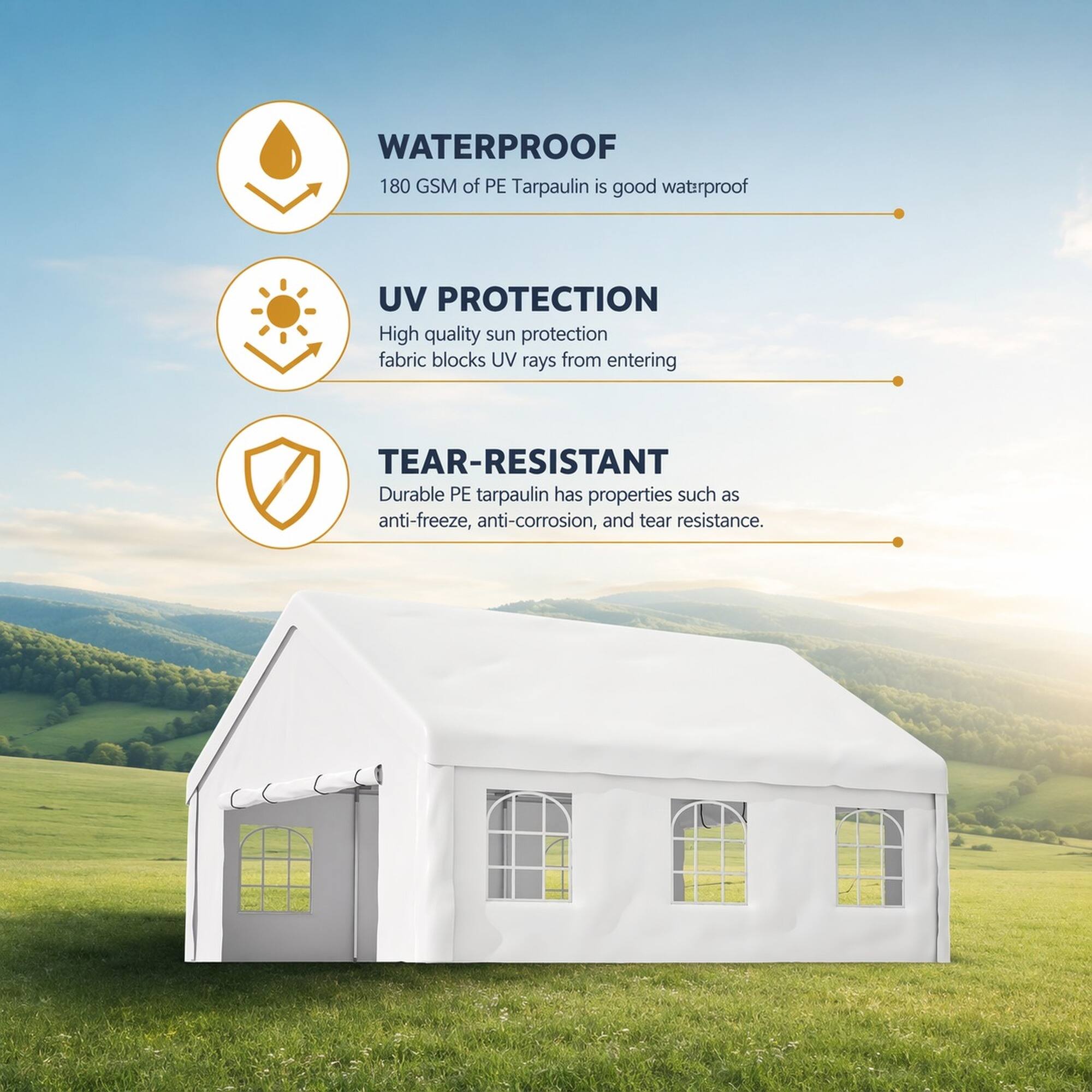 WATERPROOF  
180 GSM of PE Tarpaulin is good waterproof

UV PROTECTION  
High quality sun protection fabric blocks UV rays from entering

TEAR-RESISTANT  
Durable PE tarpaulin has properties such as anti-freeze, anti-corrosion, and tear resistance.