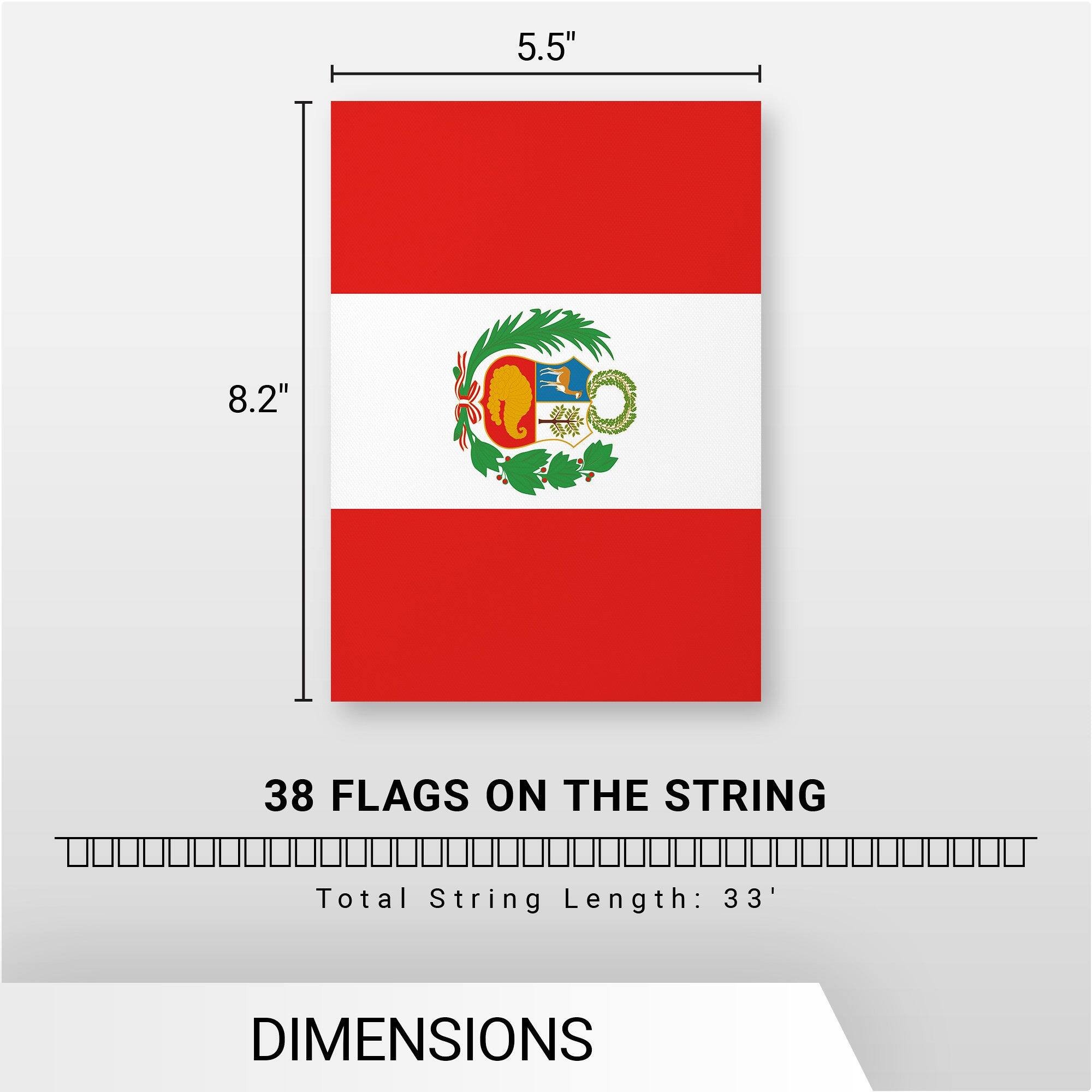 5.5" x 8.2"  
38 FLAGS ON THE STRING  
Total String Length: 33'  
DIMENSIONS