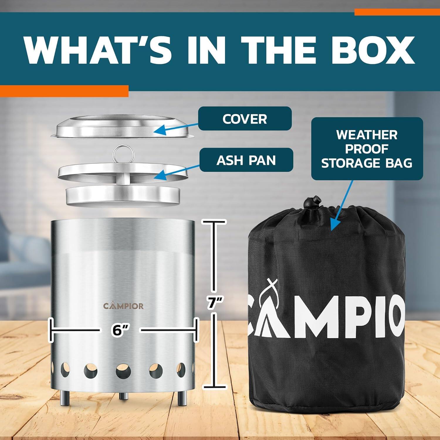 WHAT'S IN THE BOX, COVER, ASH PAN, WEATHER PROOF STORAGE BAG, CAMPIOR, 6", 7", CAMPIOR