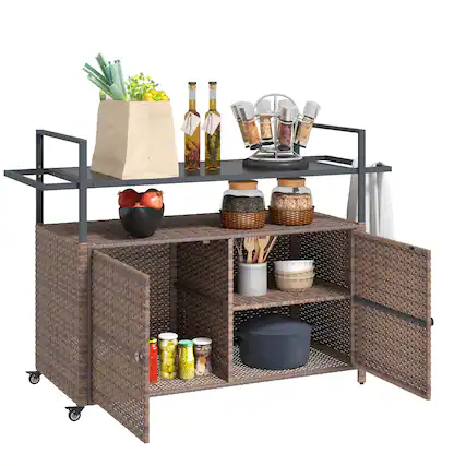 Front. Outsunny - PE Rattan Outdoor Storage Cabinet, Wicker Outdoor Bar Table Kitchen Island with Wheels & 2-Tier Shelf - Mixed Brown.