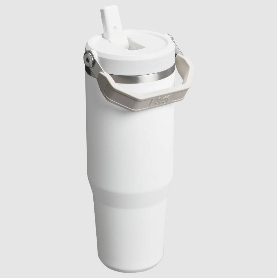 Angle. Stanley - Stanley 30oz White Tumbler Grey Lid Top Handle Water Bottles - White.