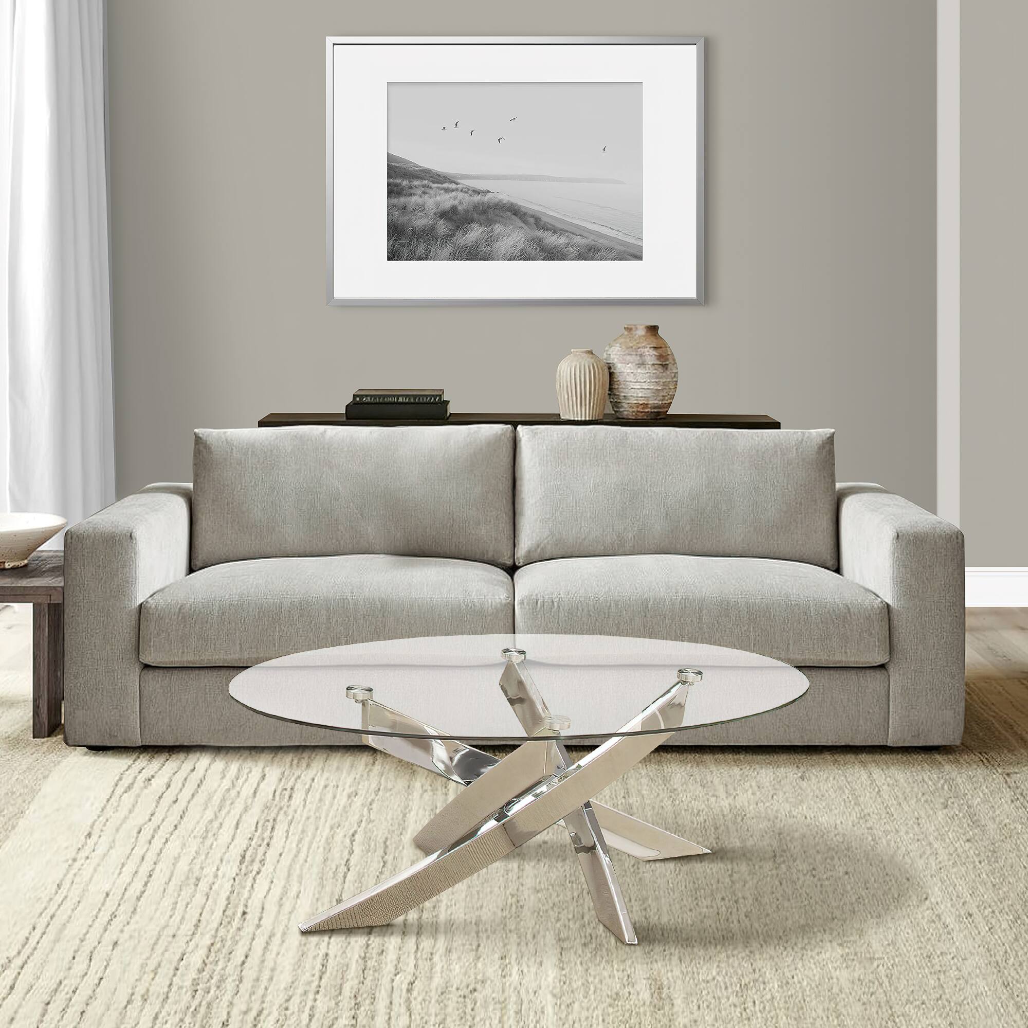 Alt View 5. Manhattan Lane - Oval Shape Glass Top Coffee Table with Criss Cross Base - Silver and Clear.