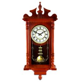 Bedford Clock Collection - Bedford Collection 25 Inch Wall Clock with Pendulum and Chime in Dark Redwood Oak Finish - Brown