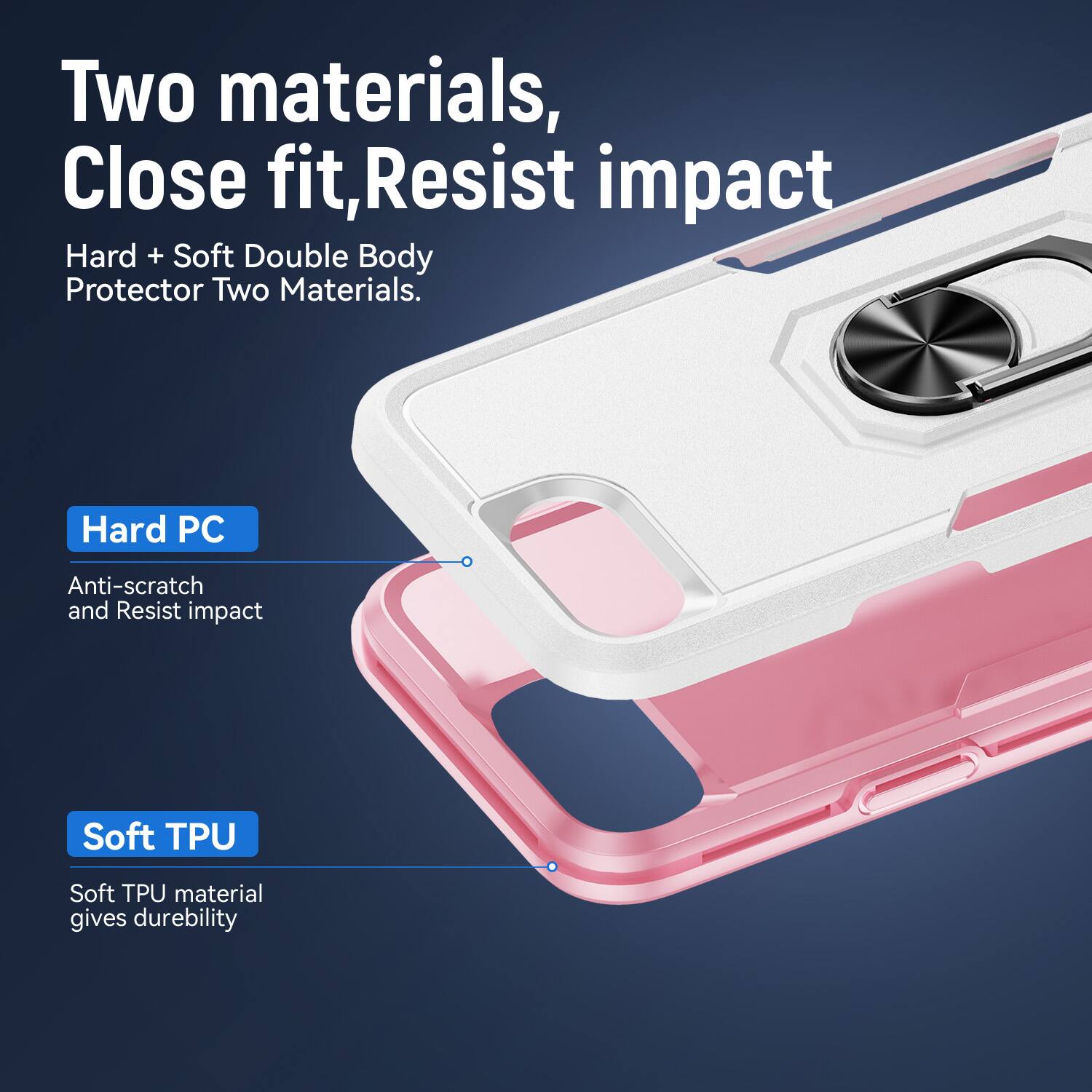 Two materials, Close fit, Resist impact  
Hard + Soft Double Body Protector Two Materials.  
Hard PC  
Anti-scratch and Resist impact  
Soft TPU  
Soft TPU material gives durability