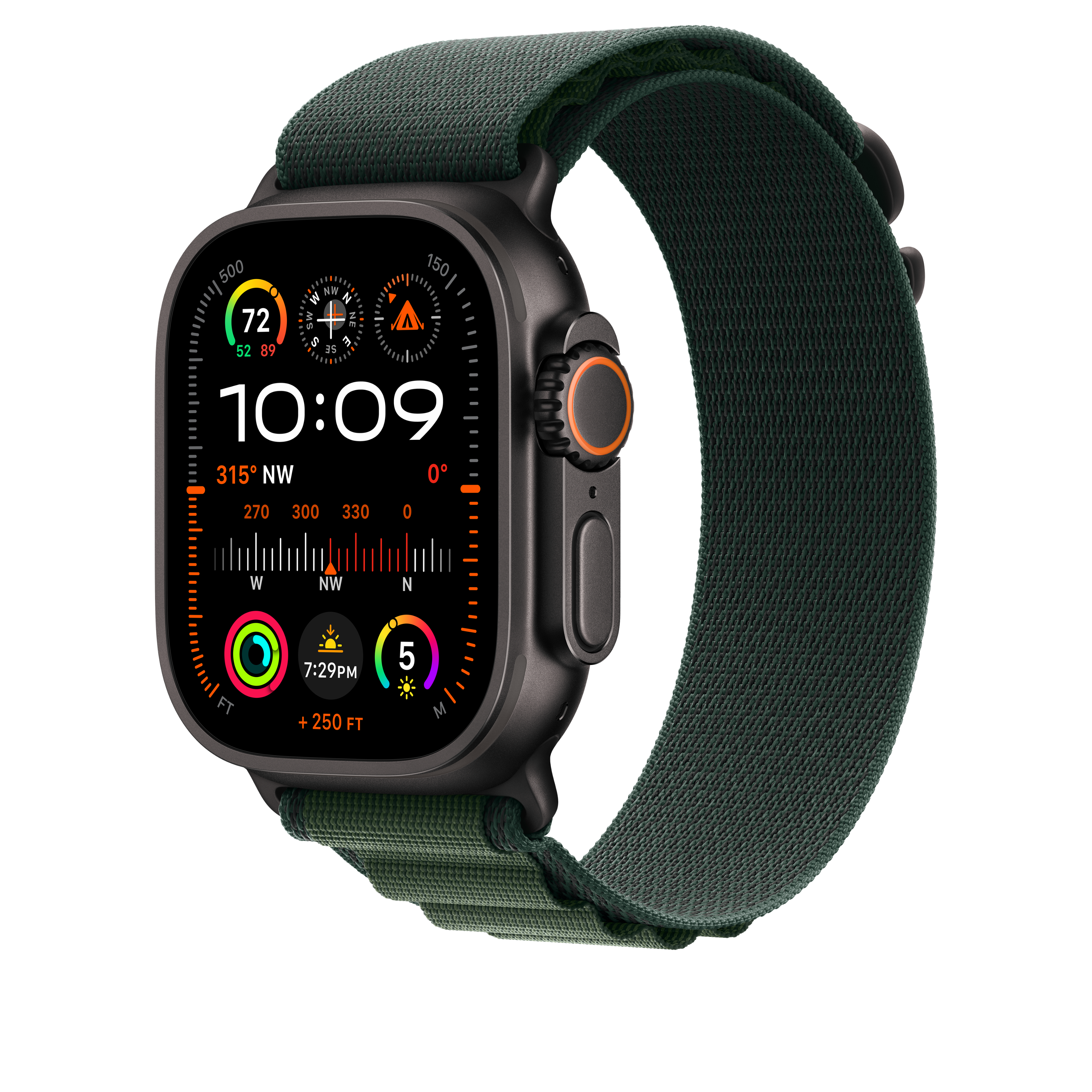 The image features a watch face with a green band. The watch displays the time as 10:09 and the date as 315. The watch also shows the altitude at 300 feet and the weather as NW. The watch face is surrounded by a green background.