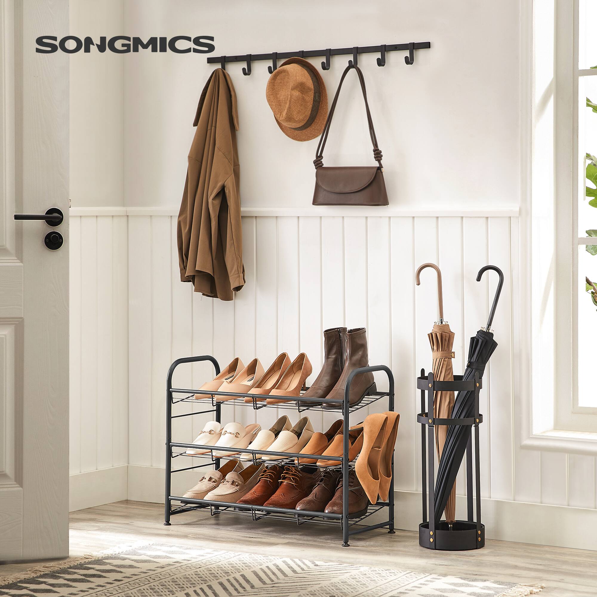Angle. Songmics Home - Shoe Rack, 3 Tier Shoe Organizer for Closet, Holds up to 12 Pairs of Shoes, Shoe Rack for Front Door Entrance - Black.