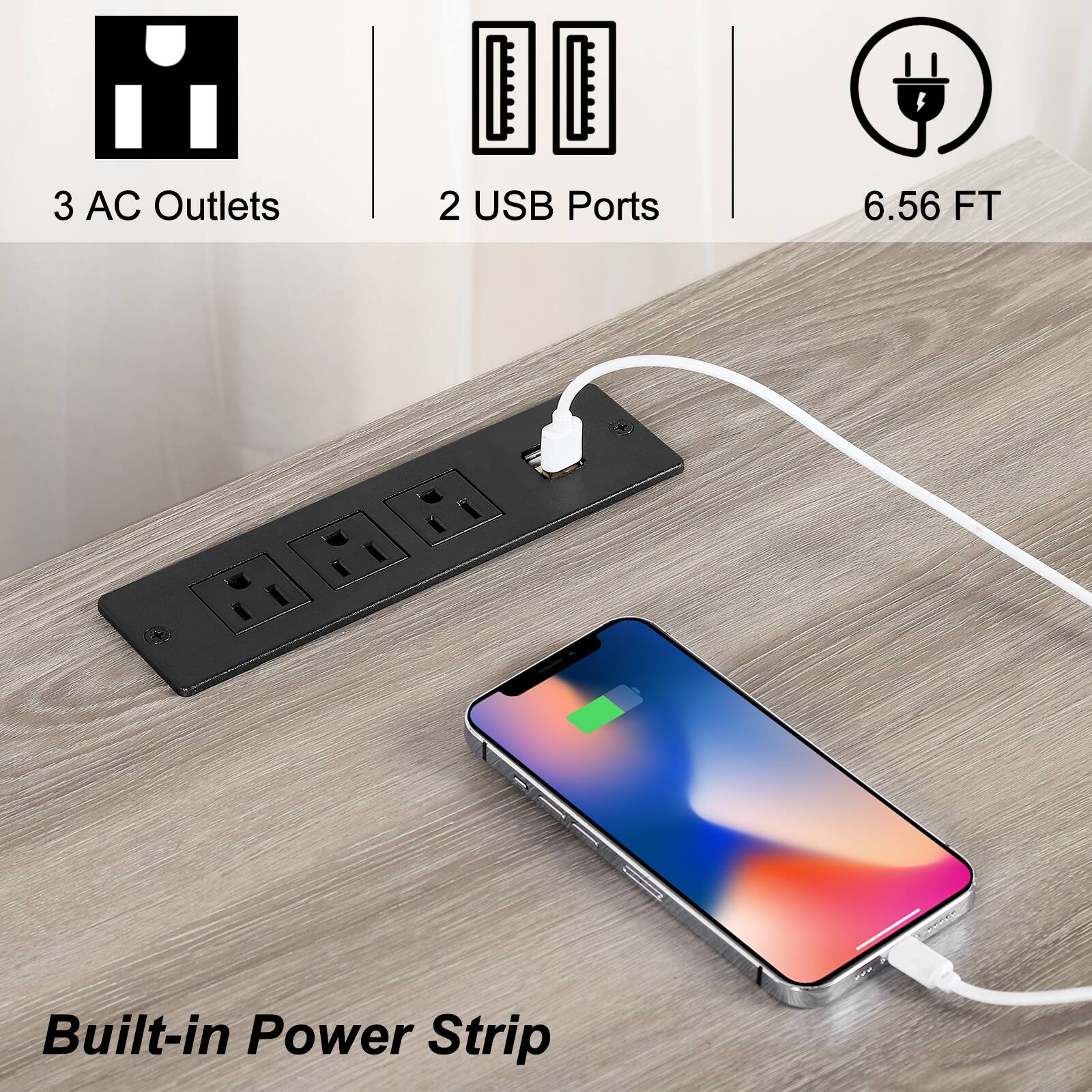 3 AC Outlets  
2 USB Ports  
6.56 FT  
Built-in Power Strip
