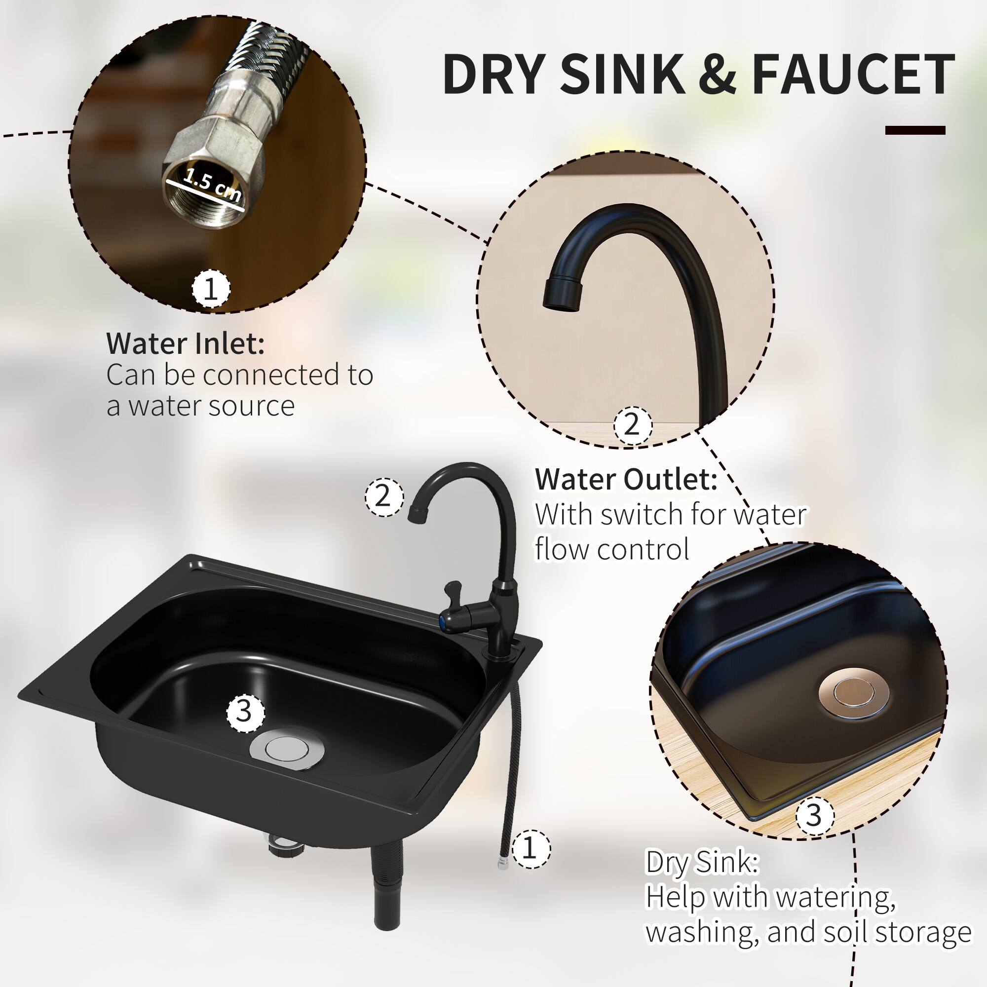 DRY SINK & FAUCET
1.5 cm
1. Water Inlet: Can be connected to a water source
2. Water Outlet: With switch for water flow control
3. Dry Sink: Help with watering, washing, and soil storage