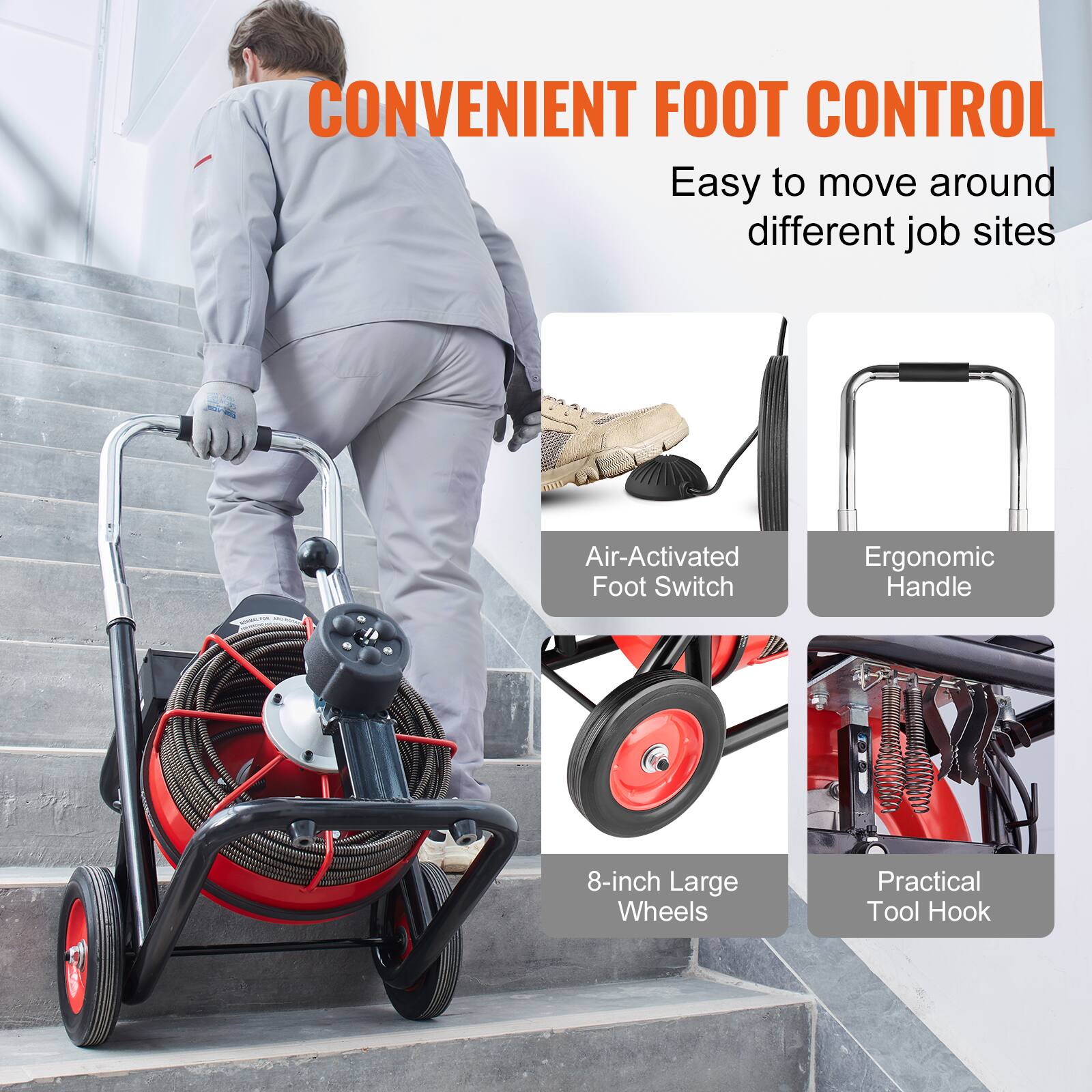 CONVENIENT FOOT CONTROL
Easy to move around different job sites
Air-Activated Foot Switch
Ergonomic Handle
8-inch Large Wheels
Practical Tool Hook