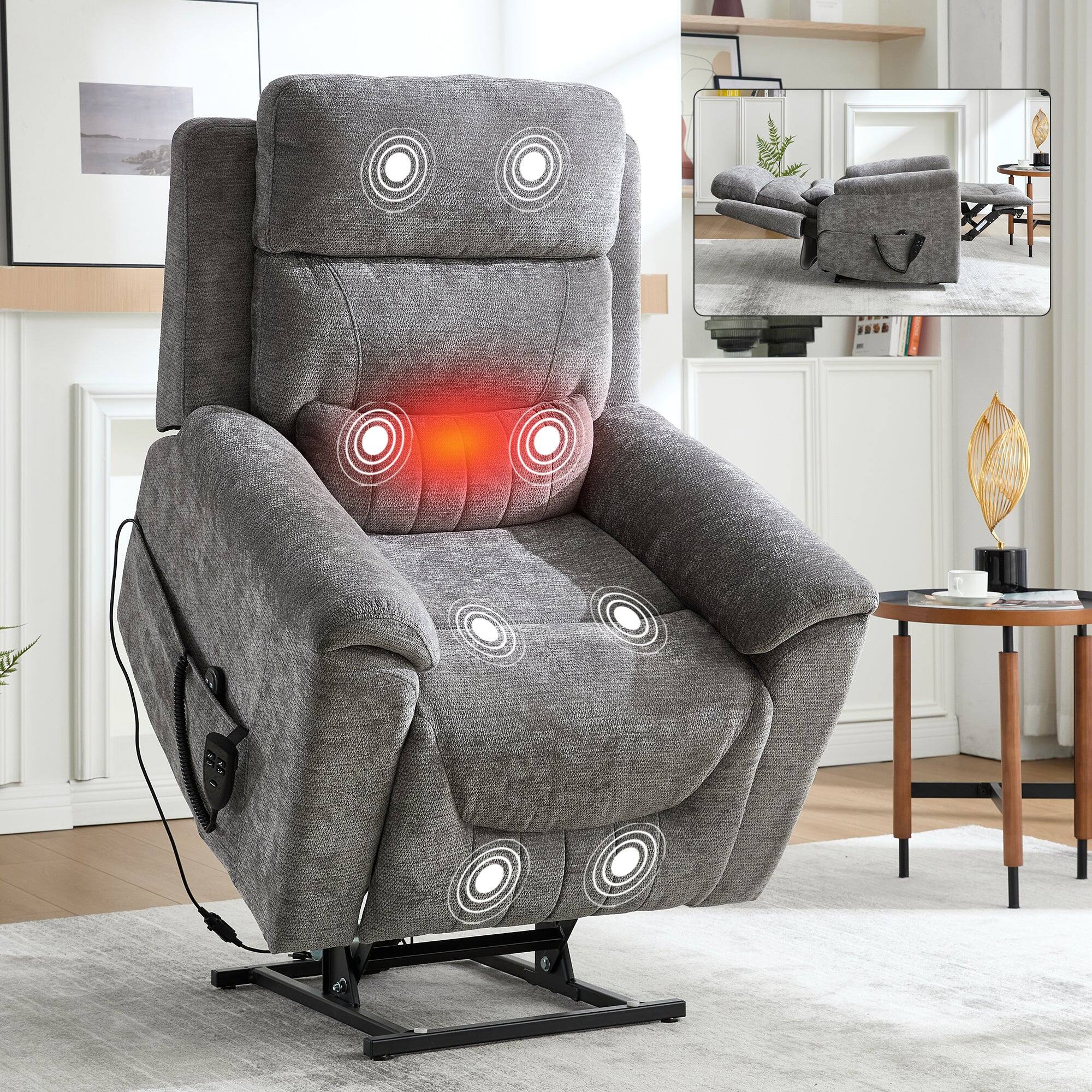 Alt View 3. Boyel Living - Dark Gray Chenille Dual Motor Power Lift Recliner Chair, Infinite Position, 350 LBS, 8-Point Massage & Lumbar Heat - Dark Gray.