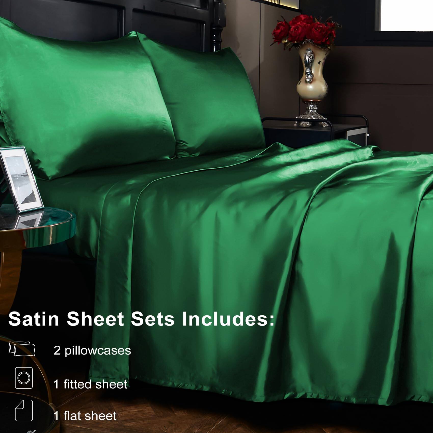 Satin Sheet Sets Includes:  
2 pillowcases  
1 fitted sheet  
1 flat sheet