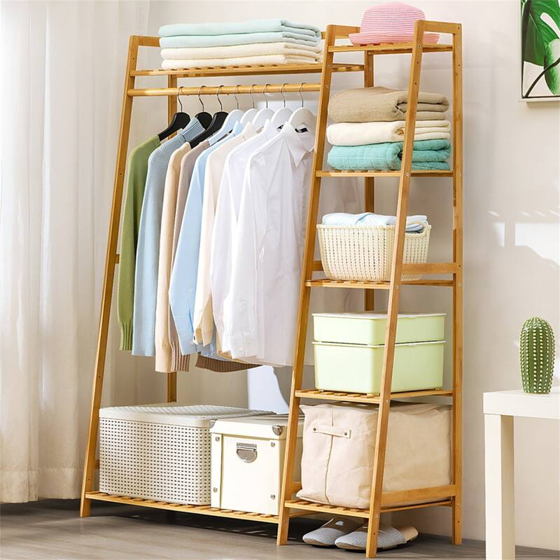 Angle. ALEXOUN - Bamboo Garment Rack - Free Standing Clothes Hanger, Closet Organizer, Multi-tiered Storage Shelves for Hall, Bedroom - Natural.