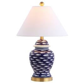 Jonathan Y - School of Fish 22" Ginger Jar Ceramic/Metal LED Table Lamp, Navy - Blue/White
