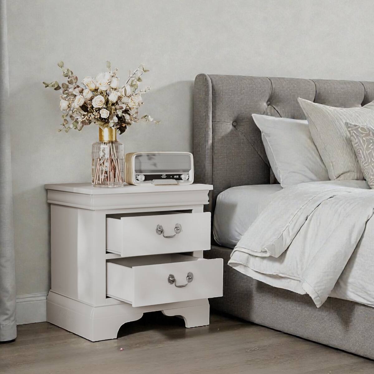 Alt View 1. Loheer - Loheer White Wooden Nightstand, Two Drawers, Classic Style - White.