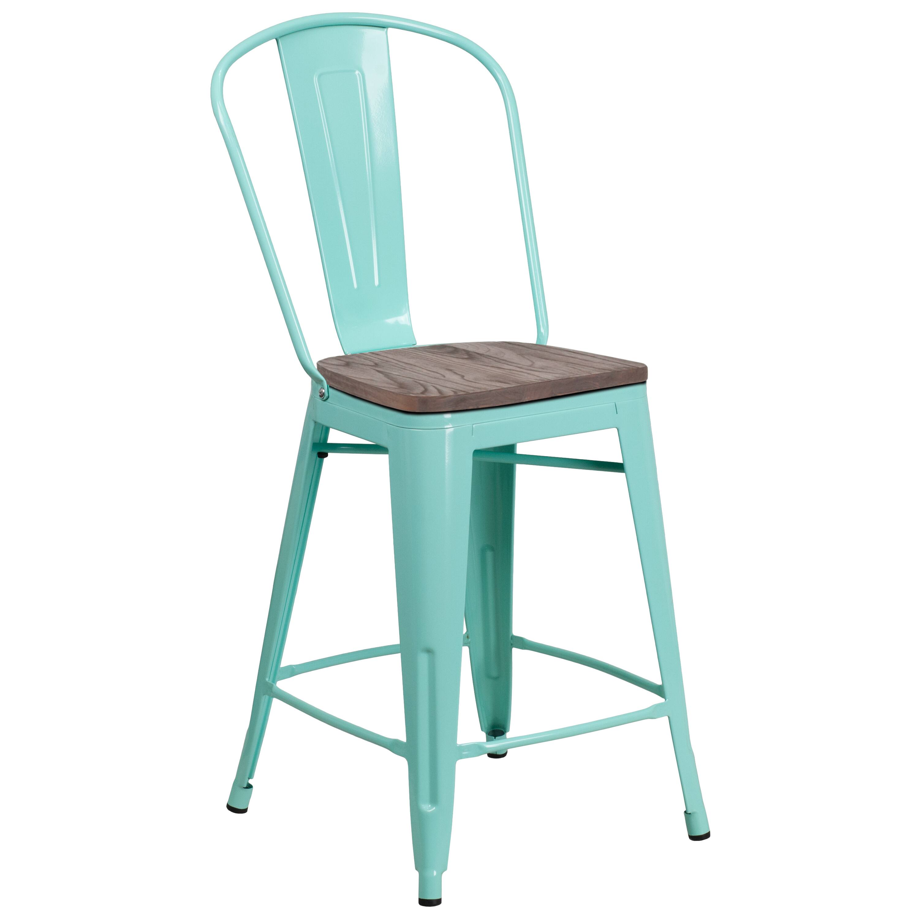 Alt View 1. Emma + Oliver - 24"H Metal Counter Height Stool with Back and Wood Seat - Mint Green.