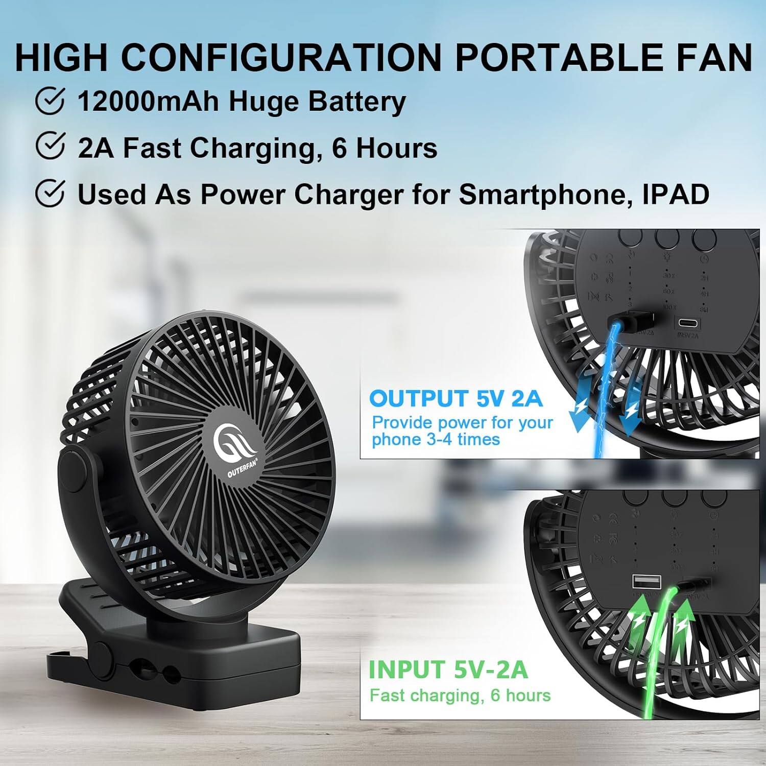 Alt View 3. Schertz - Portable USB Fan with Remote, LED Light, 12000mAh Rechargeable Battery.