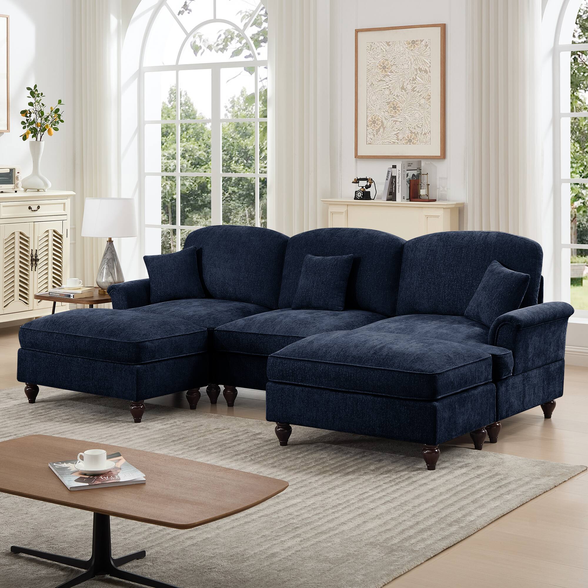 Angle. Anysun - Classic U-Shape Chenille Sectional Sofa with Ottomans - Flared Arms, Ruffled Skirt & Spindle Legs, Deep Cloud Seat - Blue.