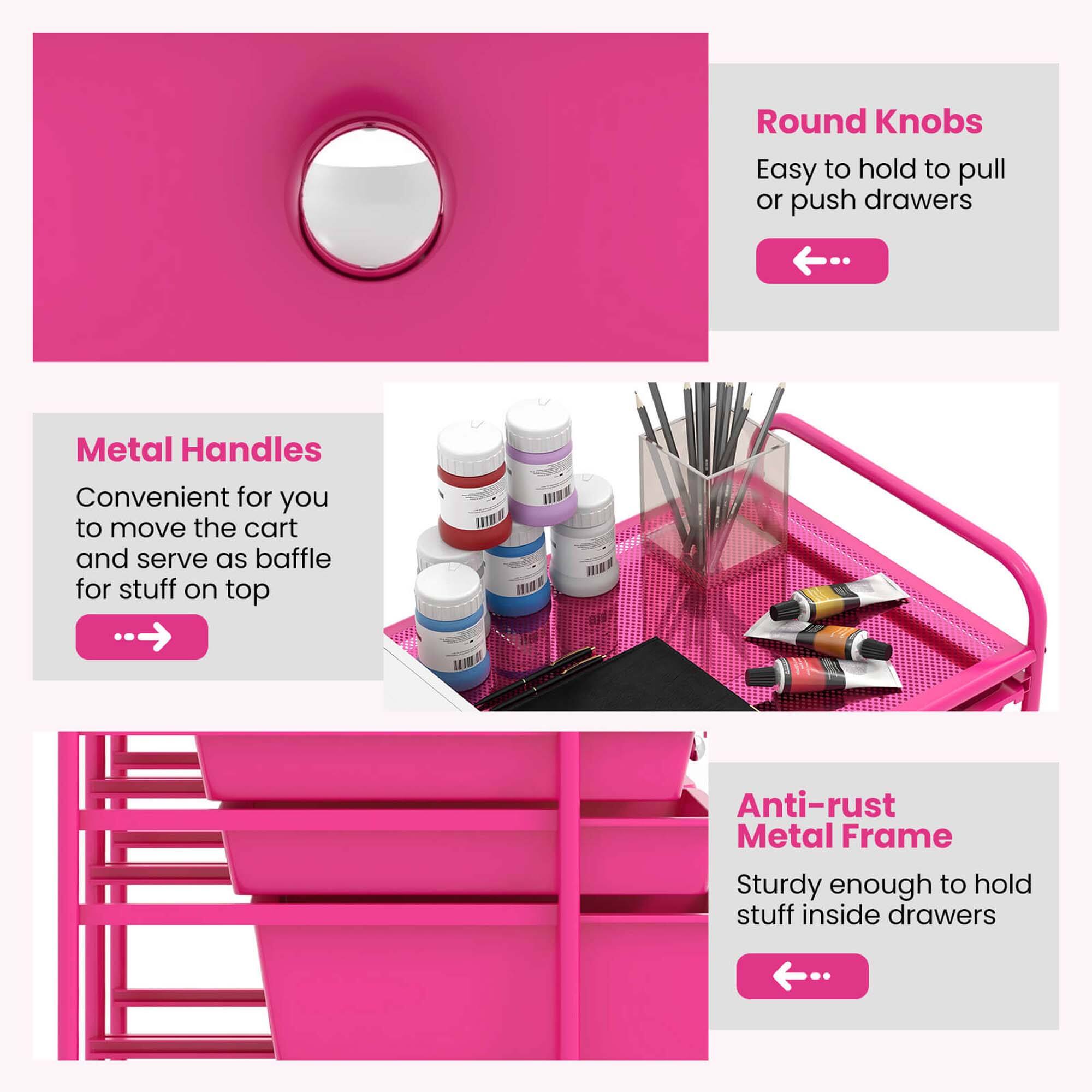 Round Knobs: Easy to hold to pull or push drawers

Metal Handles: Convenient for you to move the cart and serve as baffle for stuff on top

Anti-rust Metal Frame: Sturdy enough to hold stuff inside drawers