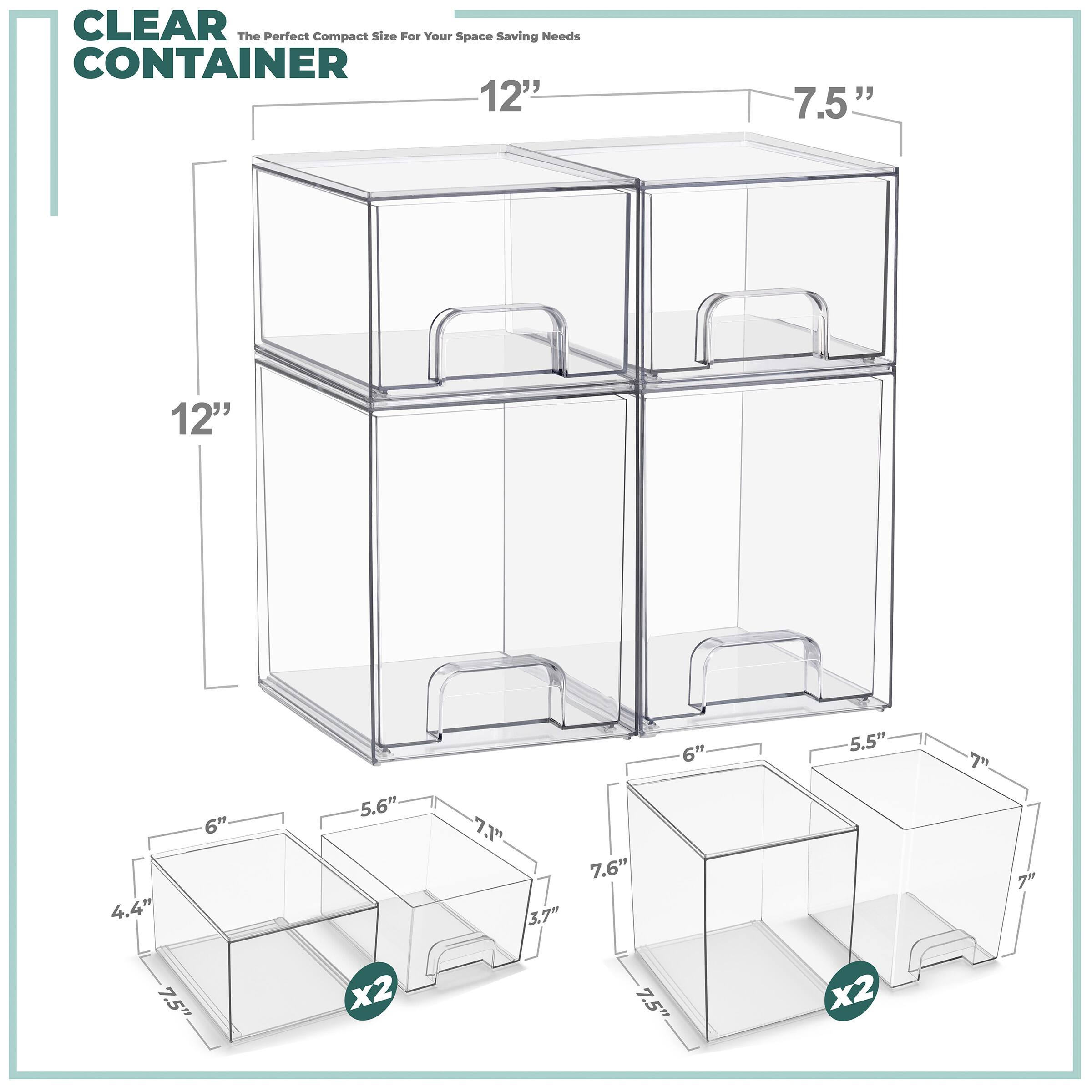 CLEAR CONTAINER  
The Perfect Compact Size For Your Space Saving Needs  

- 12" x 7.5" x 12"  
- 6" x 5.6" x 7.1" (x2)  
- 7.6" x 5.5" x 7" (x2)