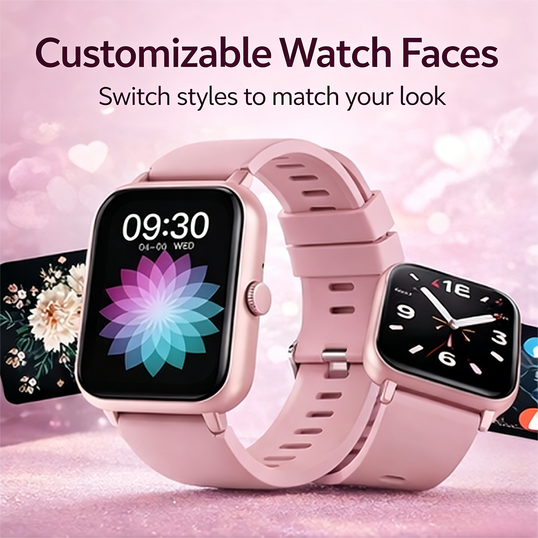 Customizable Watch Faces  
Switch styles to match your look  

09:30  
04-00 WED  

12  
9  
3  
6